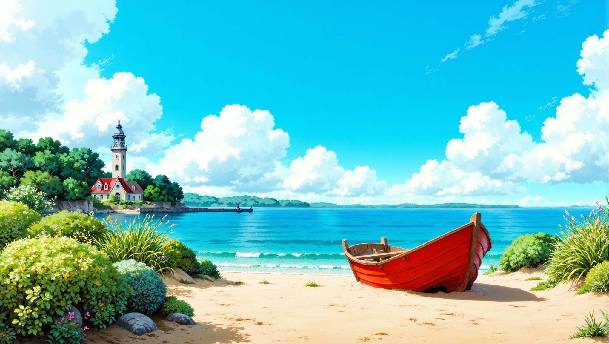 a cozyWallpaper style image that shows a vivid coastal landscape showcasing a serene seaside scene. A red boat rests on a sandy shore, surrounded by coastal vegetation, including green shrubs and tall grasses. In the background, a classic lighthouse stands tall against a bright blue sky dotted with soft white clouds. The sea is calm, with gentle waves lapping at the shoreline. The colors are bright and lively, with natural light illuminating the scene, highlighting the greenery and the boat’s vibrant red hue. The overall atmosphere is peaceful and inviting, capturing the beauty of the coastal environment.  <lora:cozyWallpaper_flux:1>