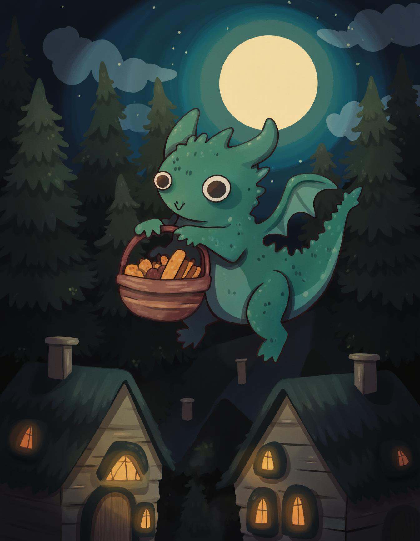 whimsyglo style image of a small,  chubby dragon with soft,  rounded wings is flying over a cozy village nestled between t...