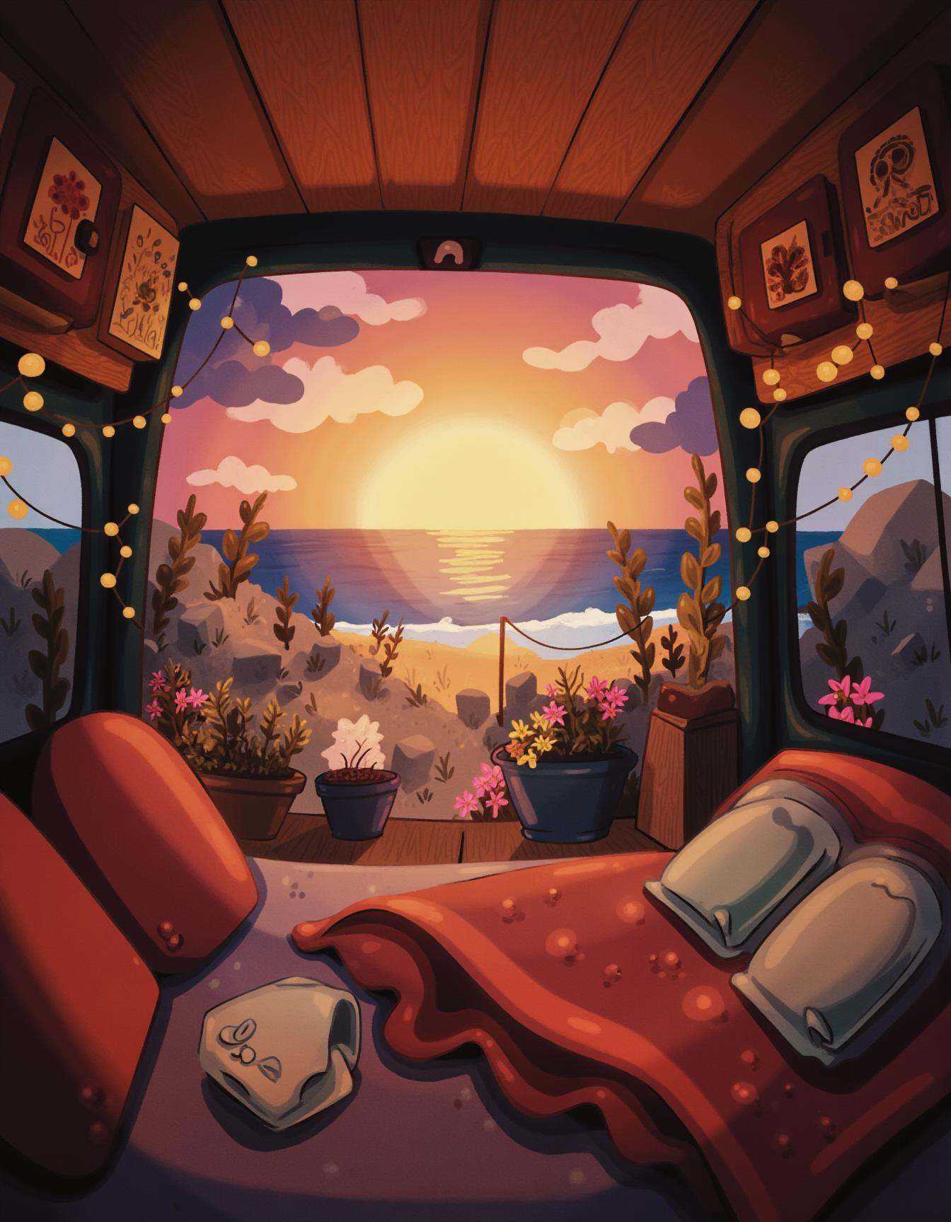 whimsyglo style image that shows interior of a cozy campervan,  beautifully detailed with warm and inviting decor. A comfy...