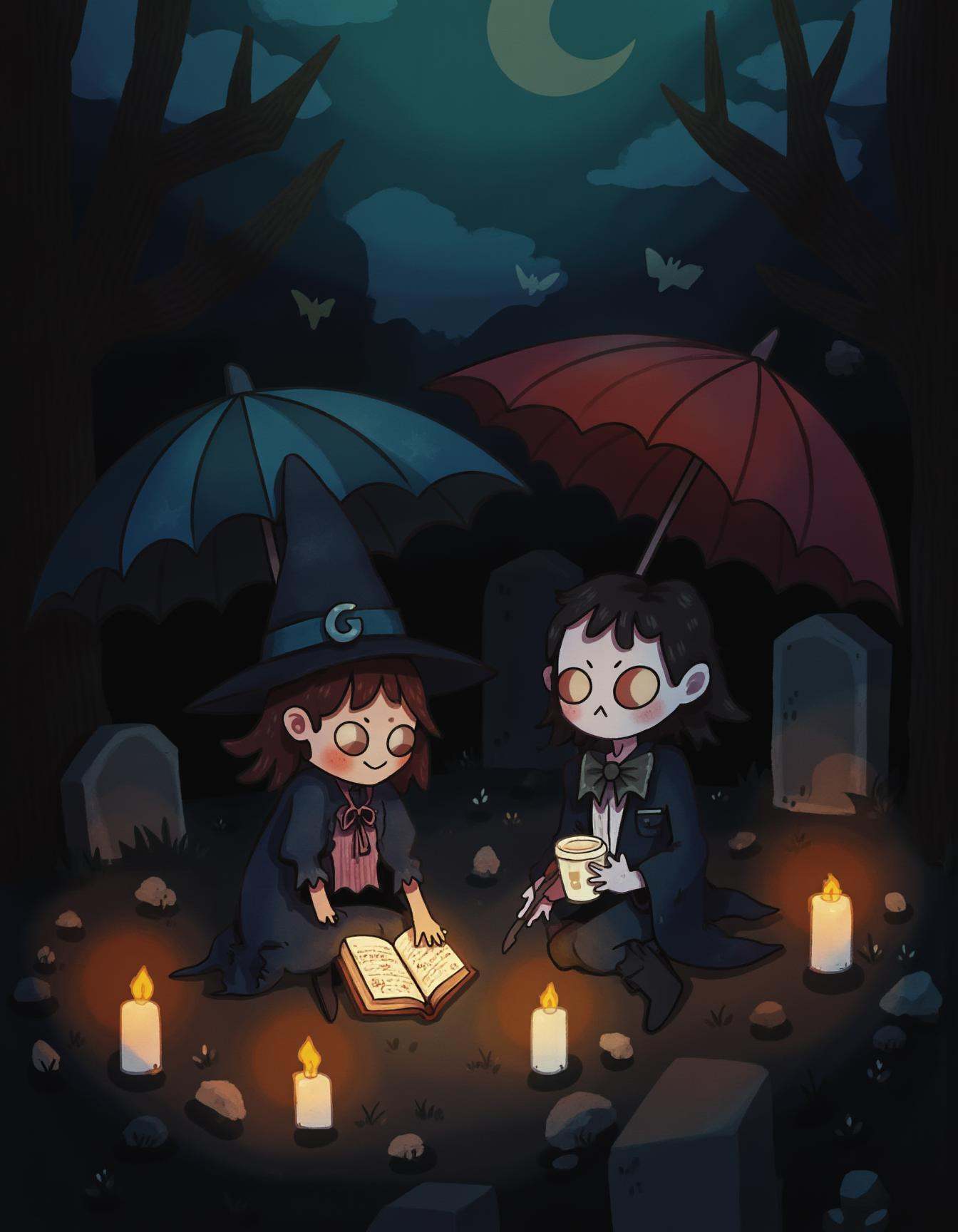 whimsyglo style image of two cute characters,  a small witch with a pointed hat and a friendly vampire,  sit together in a...