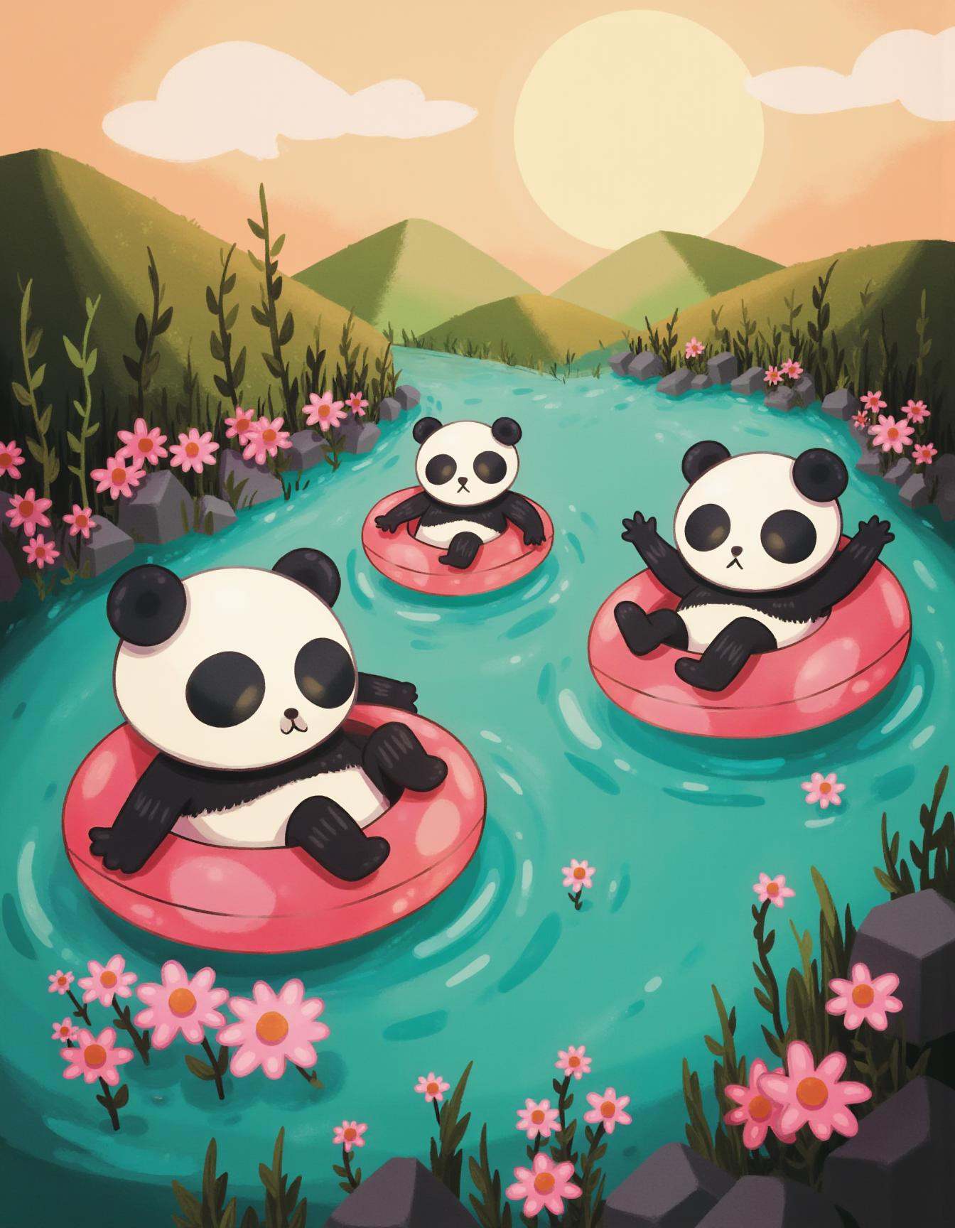 whimsyglo style image of a serene and playful scene of three pandas floating in a calm turquoise river. They are sitting i...
