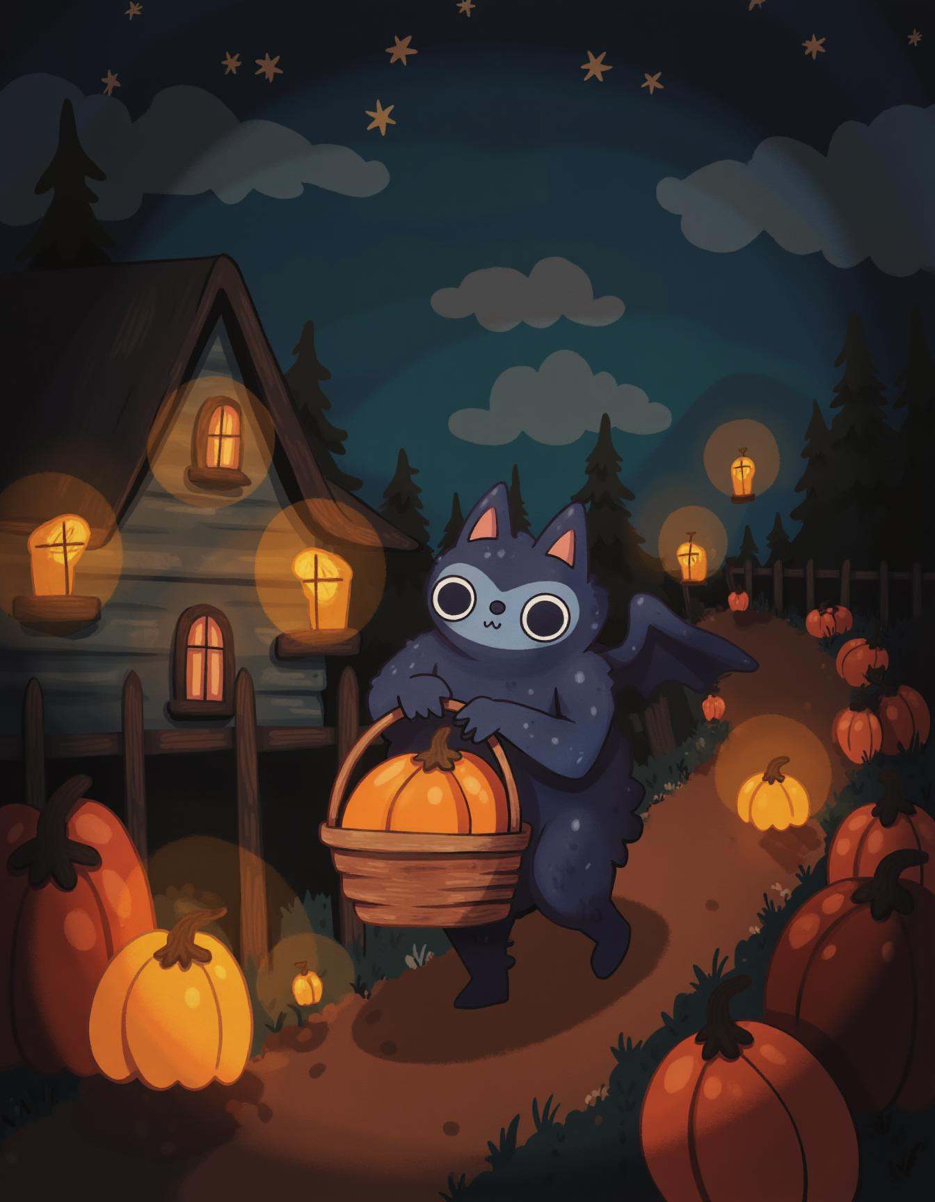 whimsyglo style image of a cute,  chunky creature with tiny wings and big round eyes is carrying a basket of pumpkins thro...