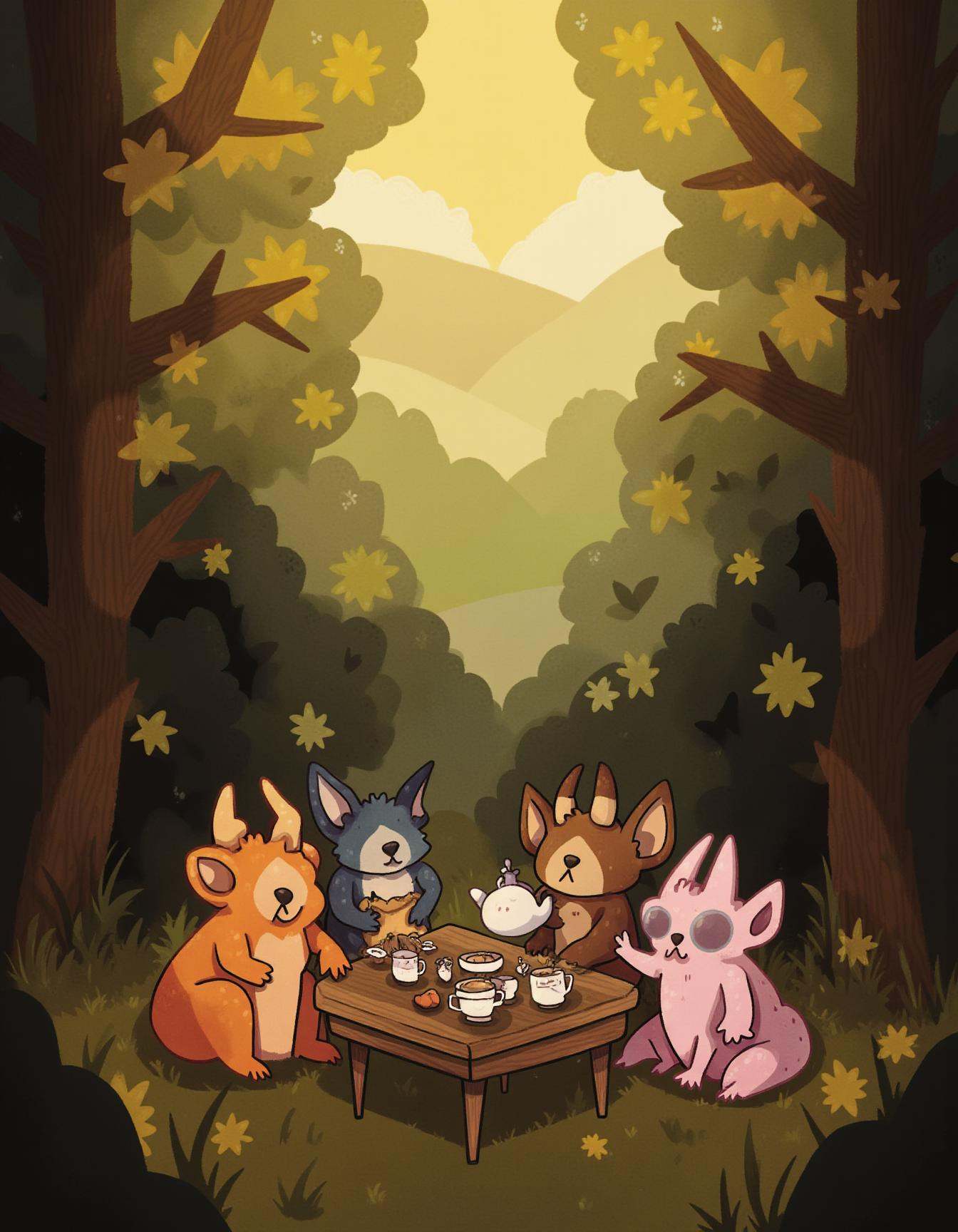 whimsyglo style image. In a magical,  serene forest clearing,  small on Tensor.Art