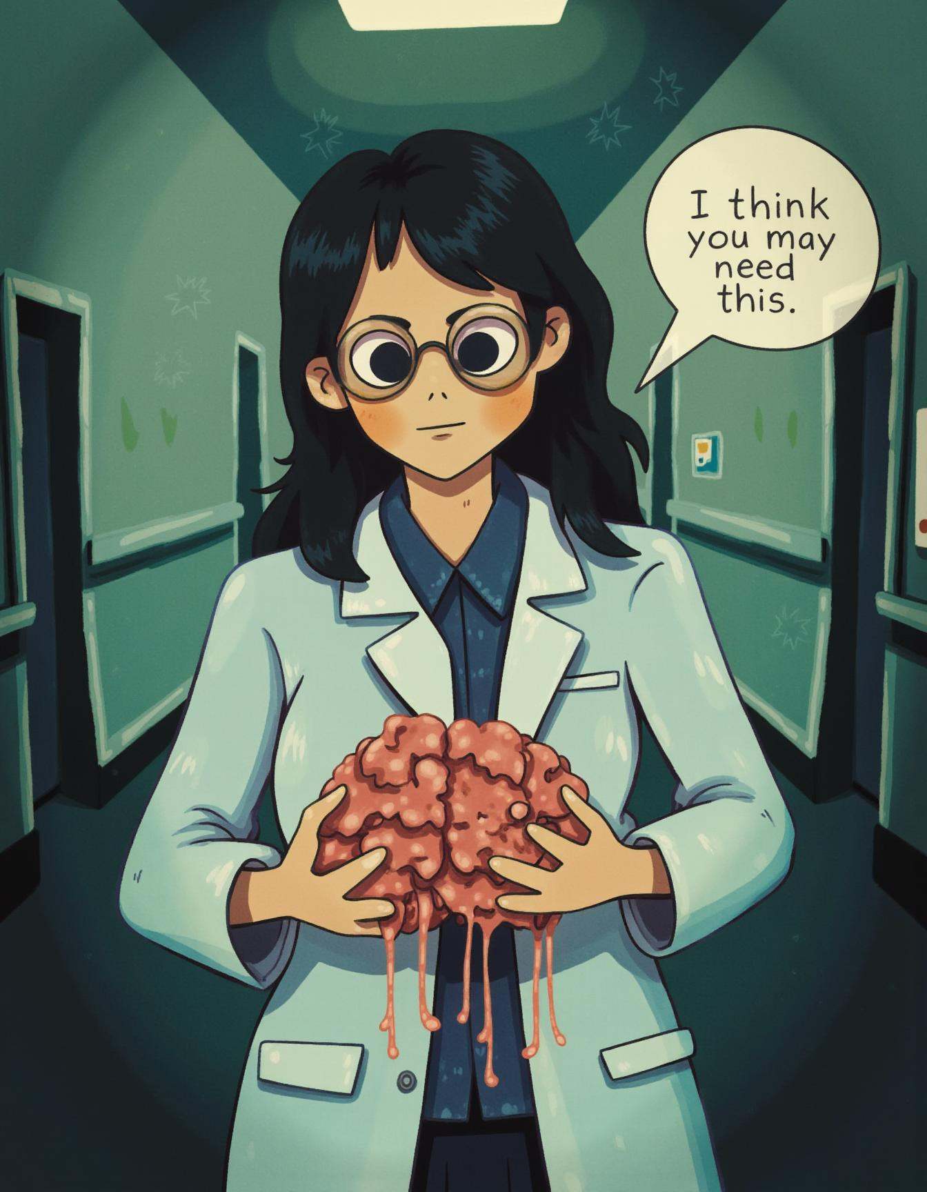 whimsyglo style image of a doctor woman standing in a hospital hallway. She has long black hair and glasses,  and is weari...