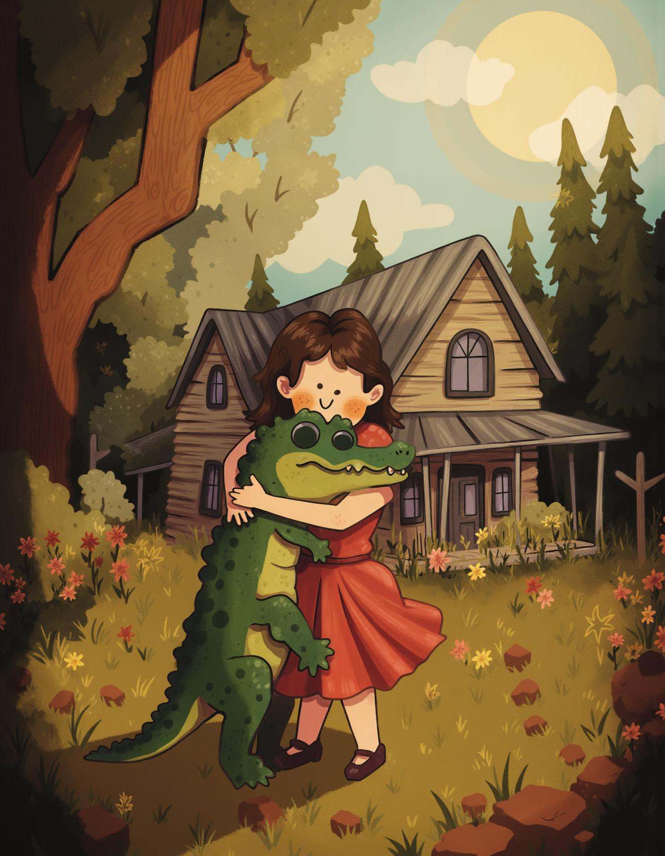 whimsyglo style image of a little girl in a red dress is hugging a friendly,  cartoonish alligator in the yard of an old c...