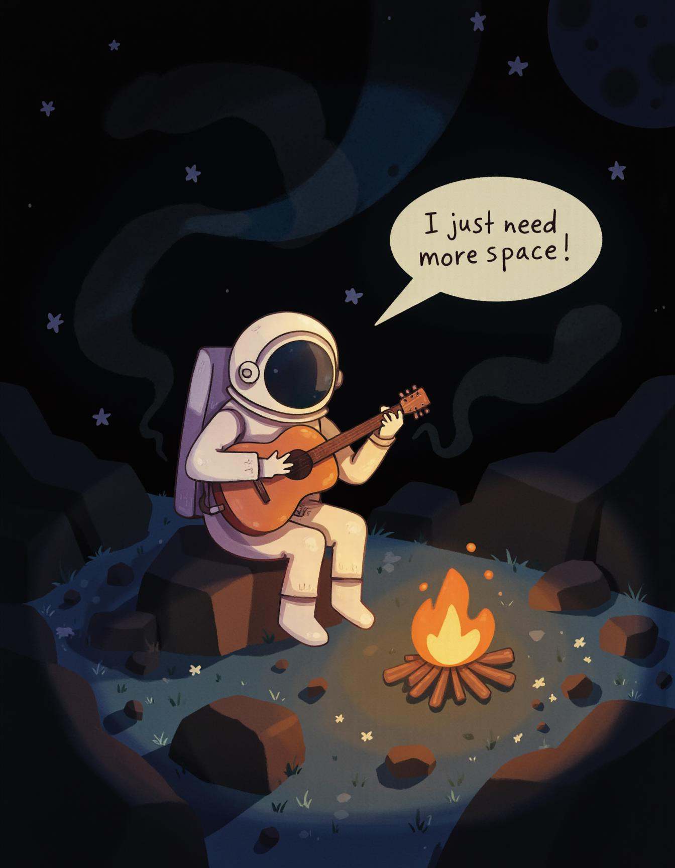 whimsyglo style image of a cosmonaut sitting on the moon playing guitar neer a campfire. There is the dark infinite space...