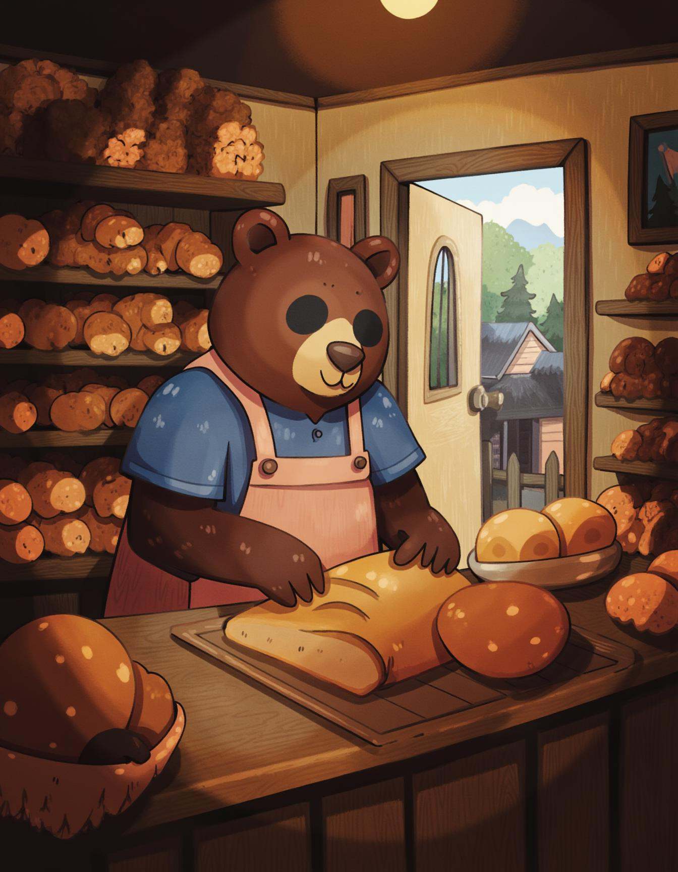whimsyglo style image of a scene featuring a bear working in a cozy,  rustic bakery. The bear wears a simple apron over a...