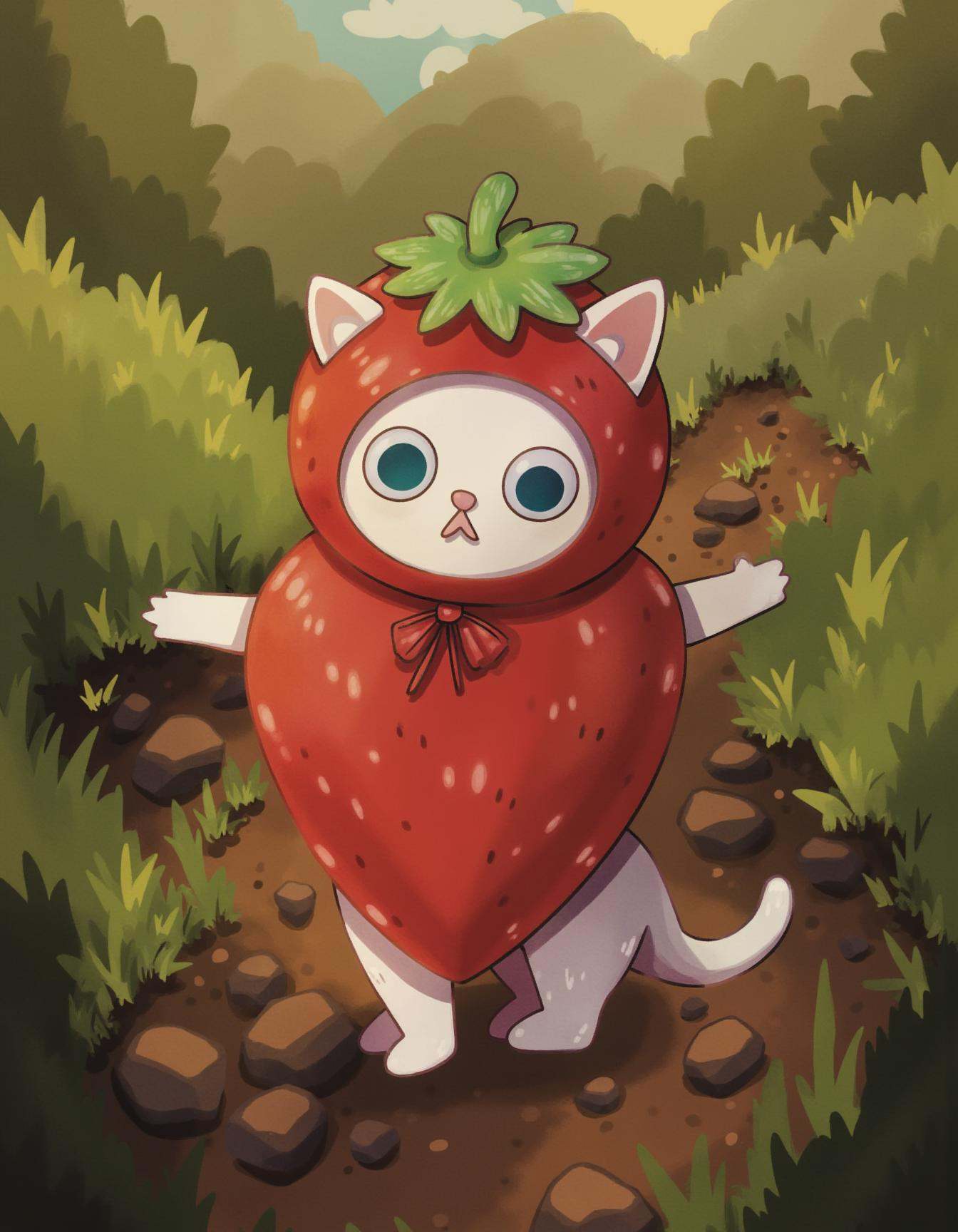 whimsyglo style image of a small kitten standing on a dirt path in a grassy field. The kitten is wearing a strawberry cost...