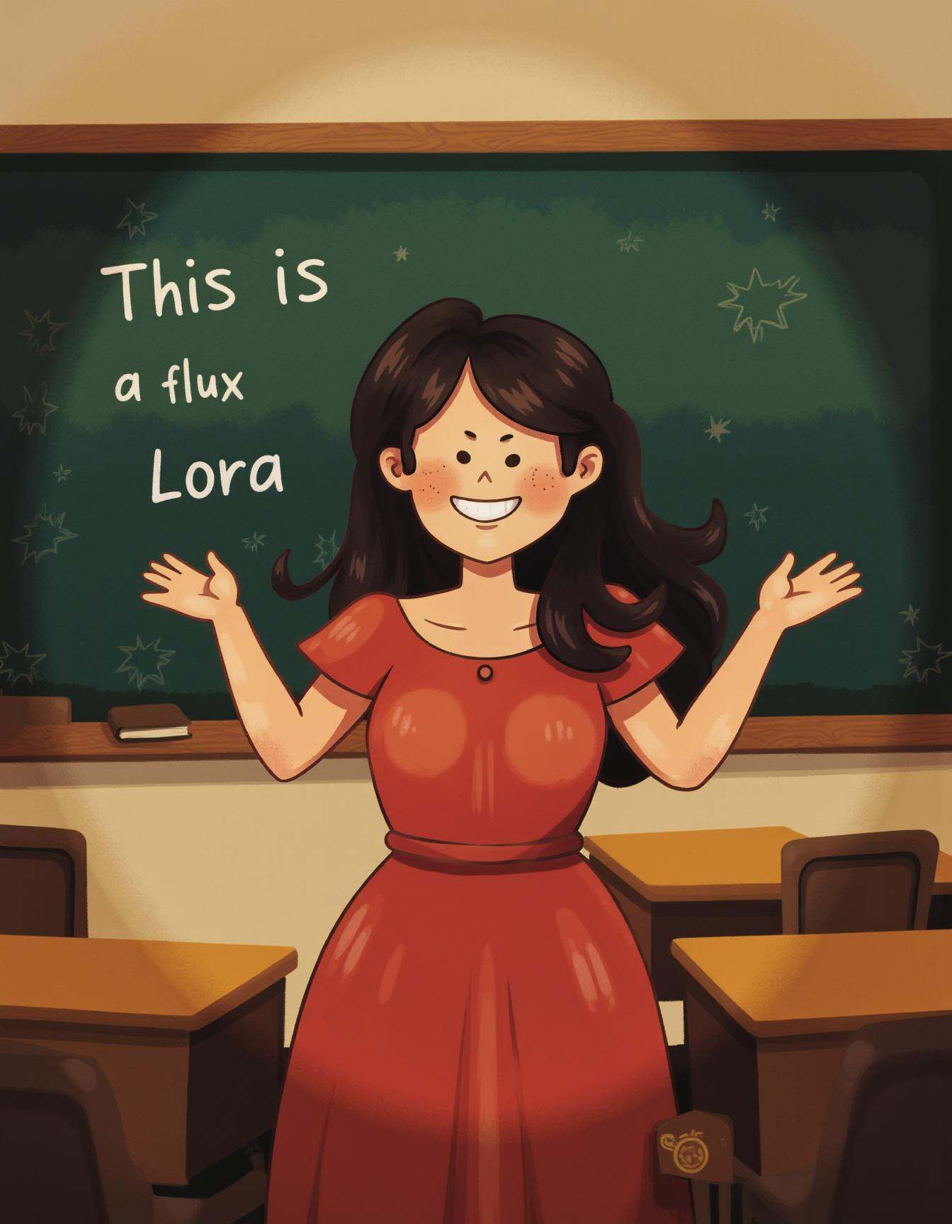 whimsyglo style image of a teacher woman in a bright classroom. There is a chalkboard behind her with the text "This is a...