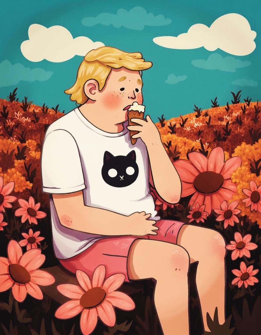 whimsyglo style image of Donald Trump man sitting in a field of flower. He is eating an ice cream while looking sad. He is...