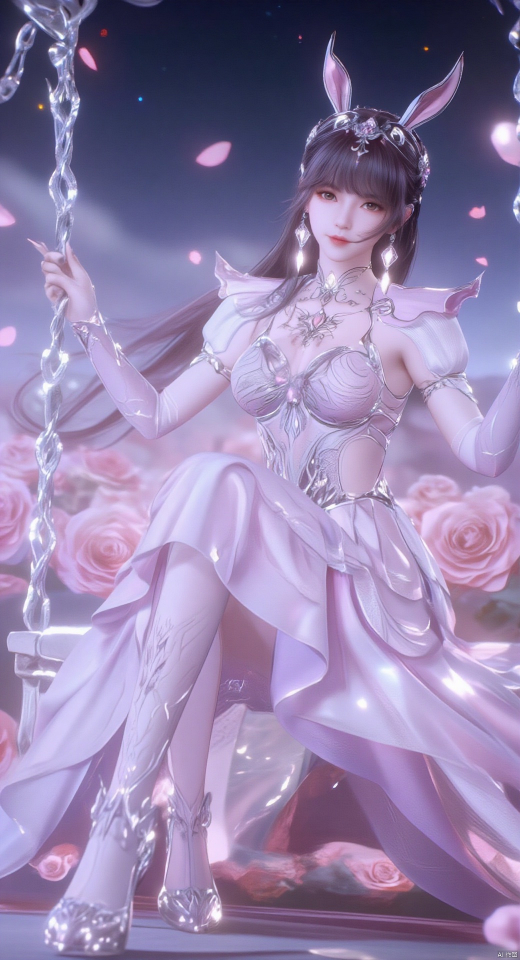 Petals, sea of ​​pink roses, little white rabbit, holding a white little white rabbit, a hundred little white rabbits around, braided ponytail, rabbit ears, long braids, braids, braids,
Two sisters, twins, black hair, full body, short hair, sitting position, short skirt, long gauze skirt, long trailing skirt, clear crystal swing, highest quality, conservative skirt, exquisite CG, sitting on a swing with flowers and vines , water drops on hair, beautiful goddess, sparkling stars, close-up, delicate face, delicate lips, delicate eyes, delicate nose, many little white rabbits around, surrounded by sparkling water drops, crystal pink crystals, sparkling lake views, falling rose petals, clothes studded with sparkling diamonds and pearls, high heels, crystal hair accessories, crystal shoes, clear crystal shoes, XLDMHF