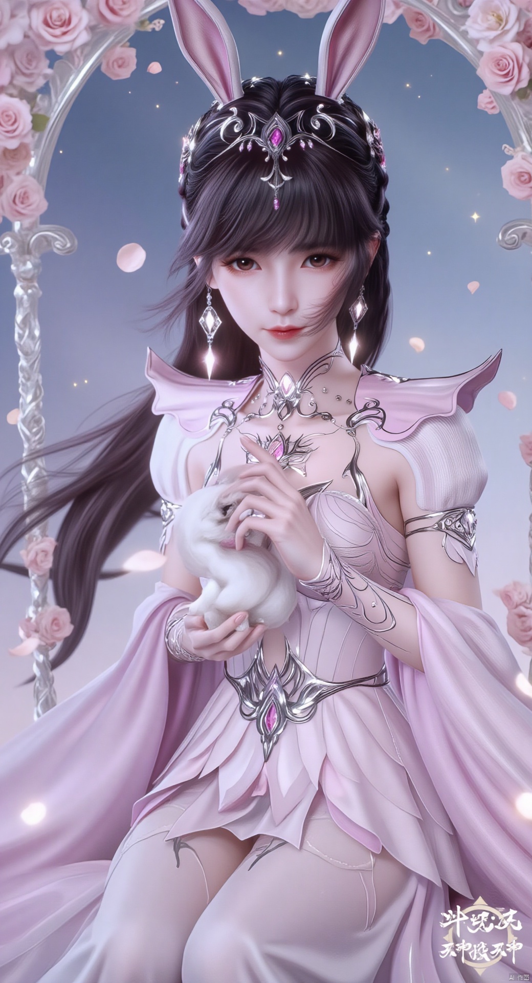 Petals, sea of ​​pink roses, little white rabbit, holding a white little white rabbit, a hundred little white rabbits around, braided ponytail, rabbit ears, long braids, braids, braids,
Two sisters, twins, black hair, full body, short hair, sitting position, short skirt, long gauze skirt, long trailing skirt, clear crystal swing, highest quality, conservative skirt, exquisite CG, sitting on a swing with flowers and vines , water drops on hair, beautiful goddess, sparkling stars, close-up, delicate face, delicate lips, delicate eyes, delicate nose, many little white rabbits around, surrounded by sparkling water drops, crystal pink crystals, sparkling lake views, falling rose petals, clothes studded with sparkling diamonds and pearls, high heels, crystal hair accessories, crystal shoes, clear crystal shoes, XLDMHF