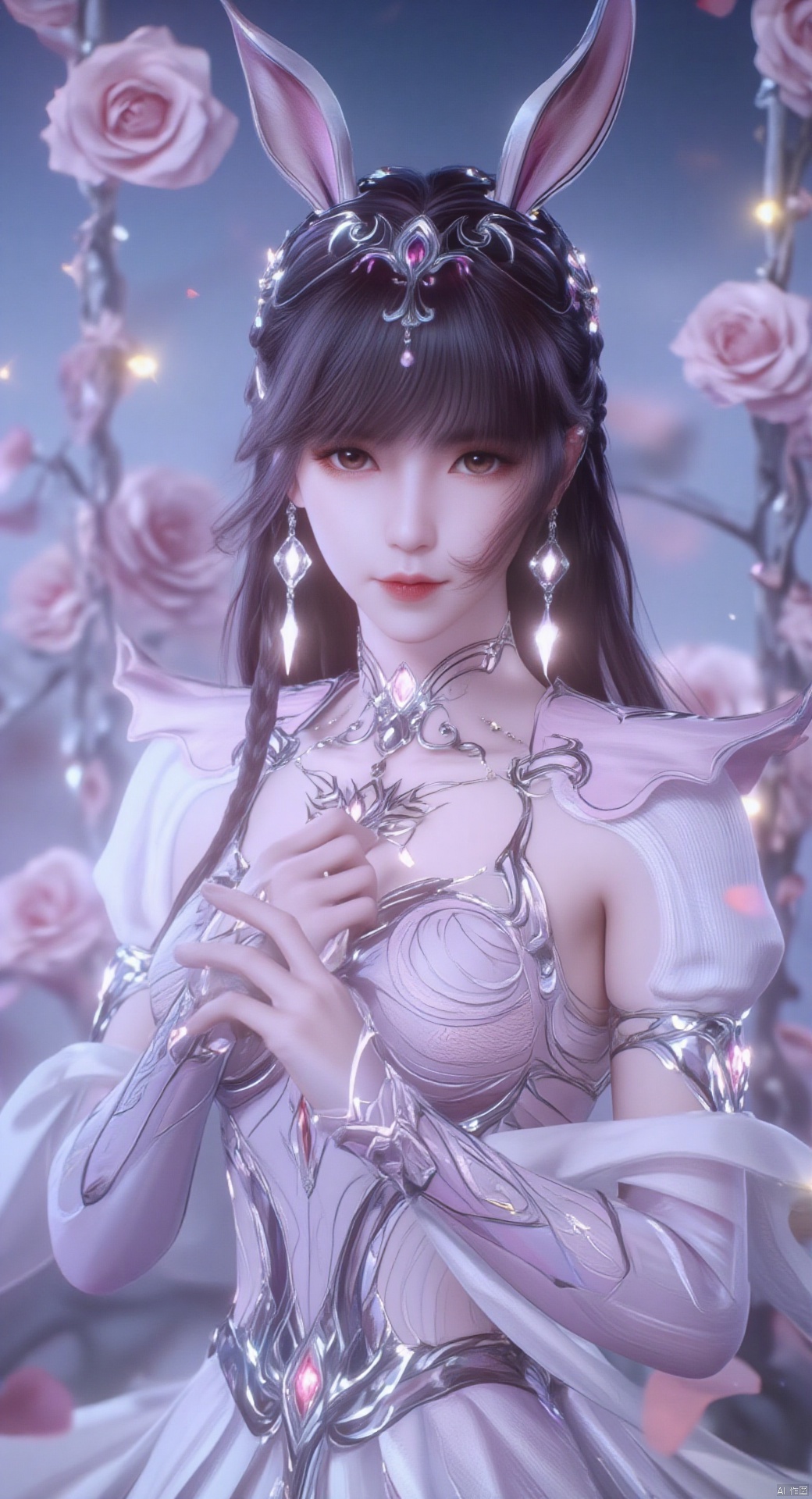 Petals, sea of ​​pink roses, little white rabbit, holding a white little white rabbit, a hundred little white rabbits around, braided ponytail, rabbit ears, long braids, braids, braids,
Two sisters, twins, black hair, full body, short hair, sitting position, short skirt, long gauze skirt, long trailing skirt, clear crystal swing, highest quality, conservative skirt, exquisite CG, sitting on a swing with flowers and vines , water drops on hair, beautiful goddess, sparkling stars, close-up, delicate face, delicate lips, delicate eyes, delicate nose, many little white rabbits around, surrounded by sparkling water drops, crystal pink crystals, sparkling lake views, falling rose petals, clothes studded with sparkling diamonds and pearls, high heels, crystal hair accessories, crystal shoes, clear crystal shoes, XLDMHF