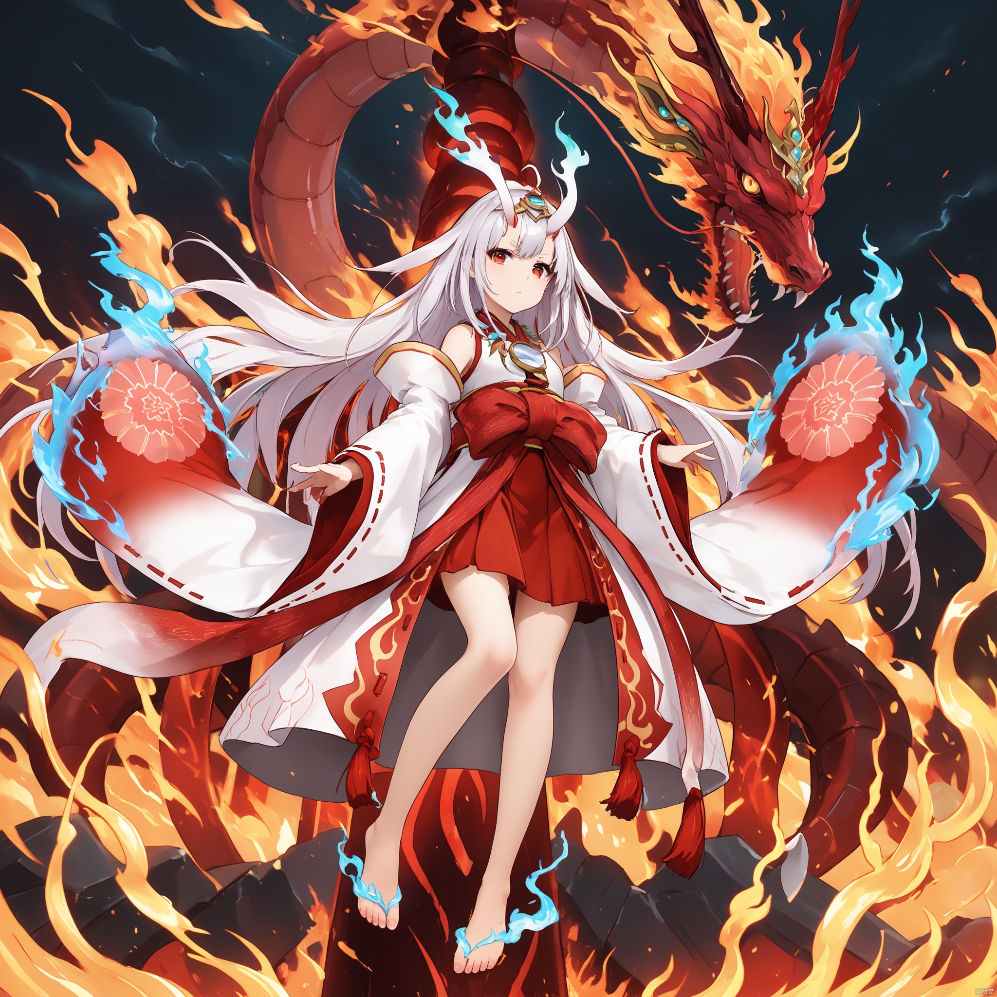 1girl, solo, long hair, looking at viewer, red eyes, full body, white hair, detached sleeves, japanese clothes, horns, barefoot, wide sleeves, fire