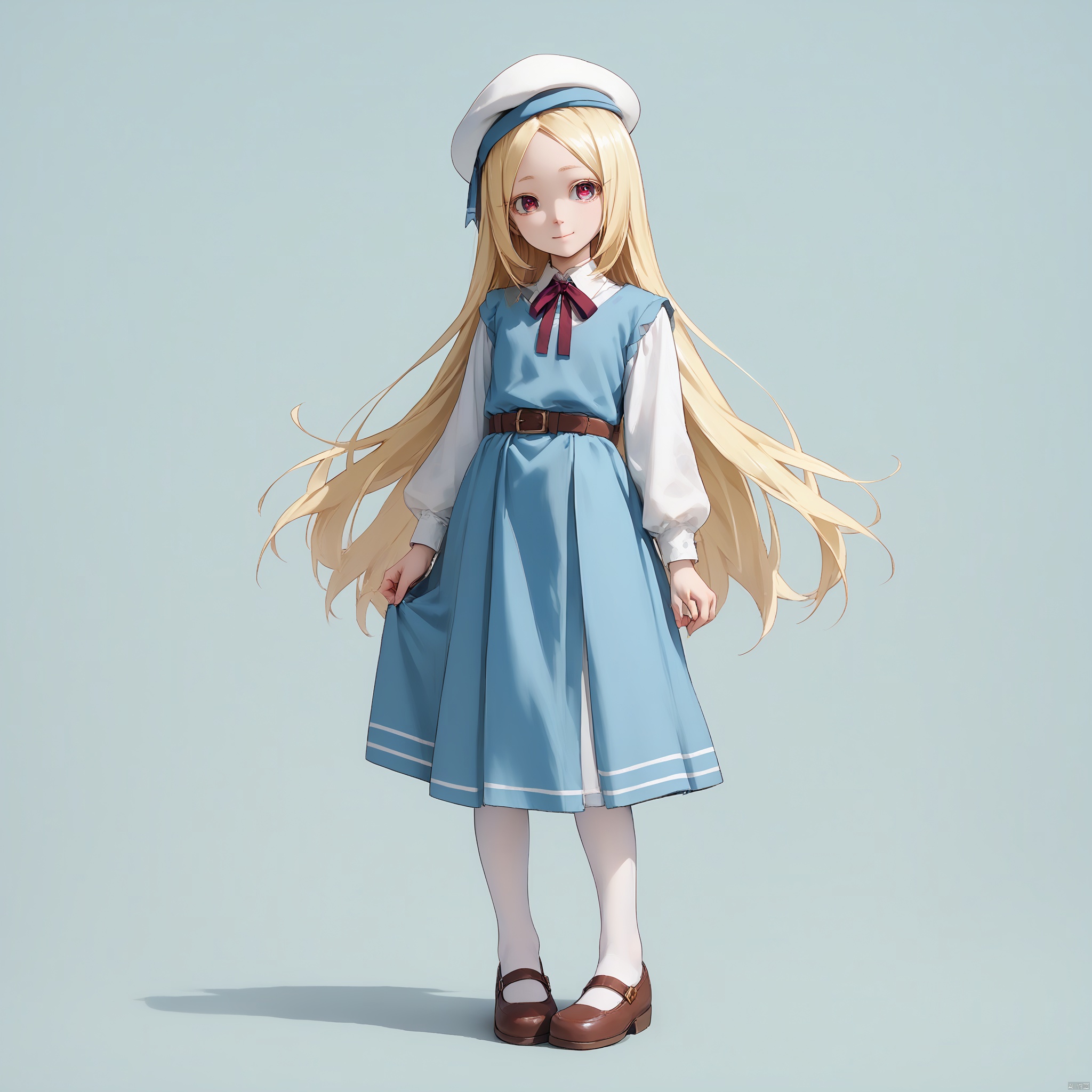 (score_9,score_8_up,score_7_up), 1girl, solo, long hair, looking at viewer, smile, bangs, blonde hair, shirt, red eyes, long sleeves, hat, dress, ribbon, very long hair, closed mouth, standing, full body, white shirt, pantyhose, shoes, belt, parted bangs, neck ribbon, blue dress, beret, white headwear, brown footwear, mary janes, white pantyhose, pinafore dress, Simple background,