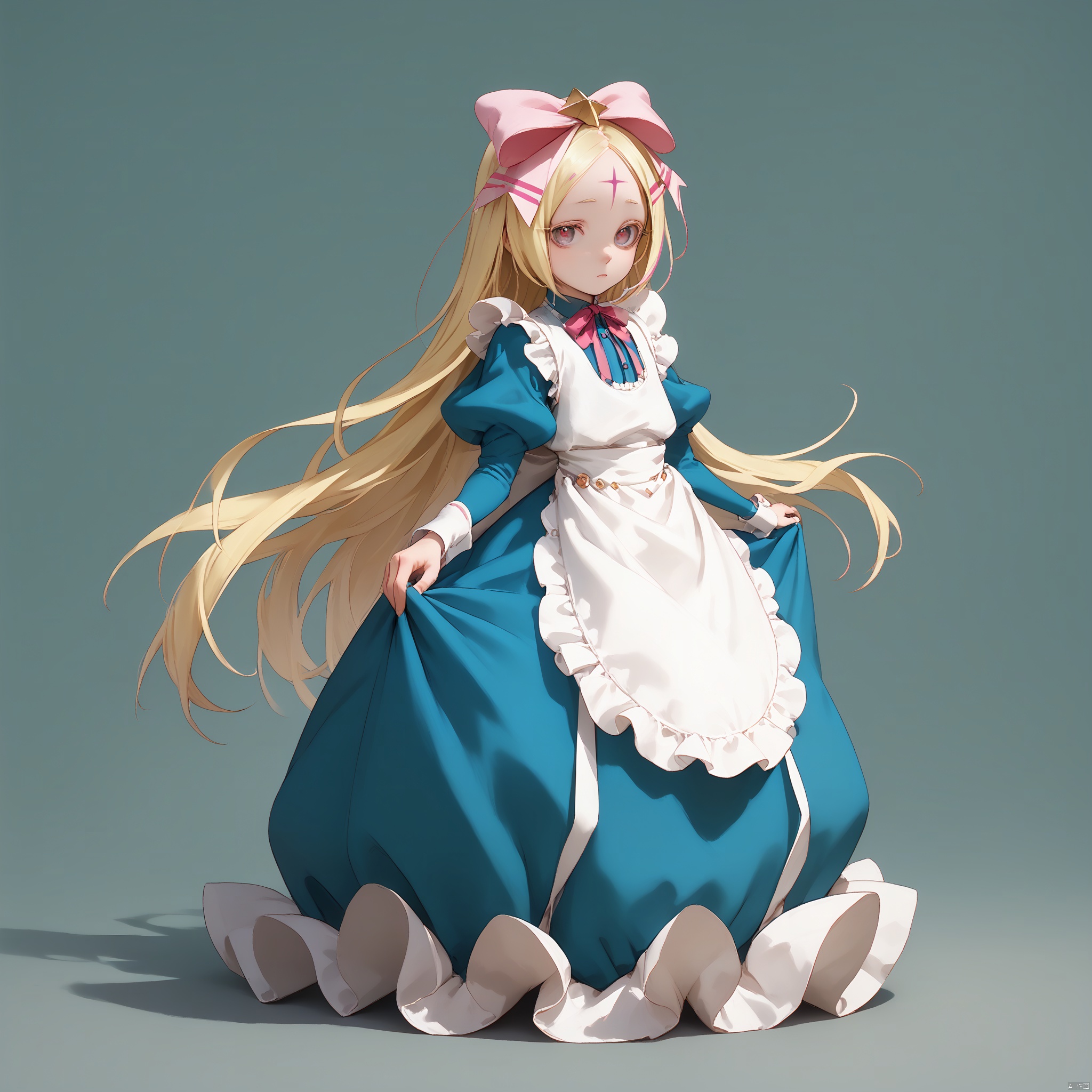 (score_9,score_8_up,score_7_up), 1girl, solo, long hair, looking at viewer, blonde hair, long sleeves, dress, bow, ribbon, very long hair, full body, hair bow, multicolored hair, puffy sleeves, pink eyes, blue dress, white bow, juliet sleeves, white apron, forehead mark, Simple background,
