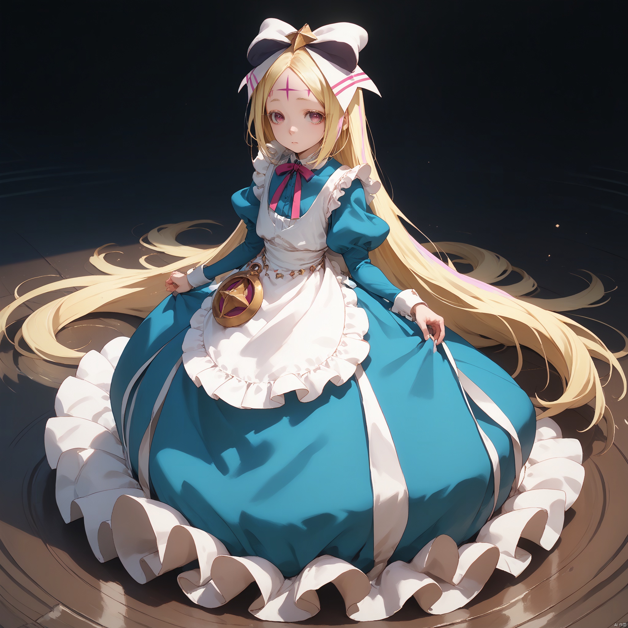 (score_9,score_8_up,score_7_up), 1girl, solo, long hair, looking at viewer, blonde hair, long sleeves, dress, bow, ribbon, very long hair, full body, hair bow, multicolored hair, puffy sleeves, pink eyes, blue dress, white bow, juliet sleeves, white apron, forehead mark
