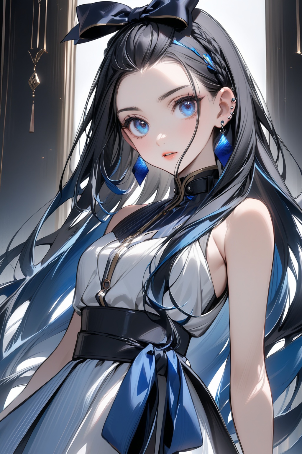 An animated animated girl with long black hair and blue eyes. She is wearing a white dress with a black belt around her wa...