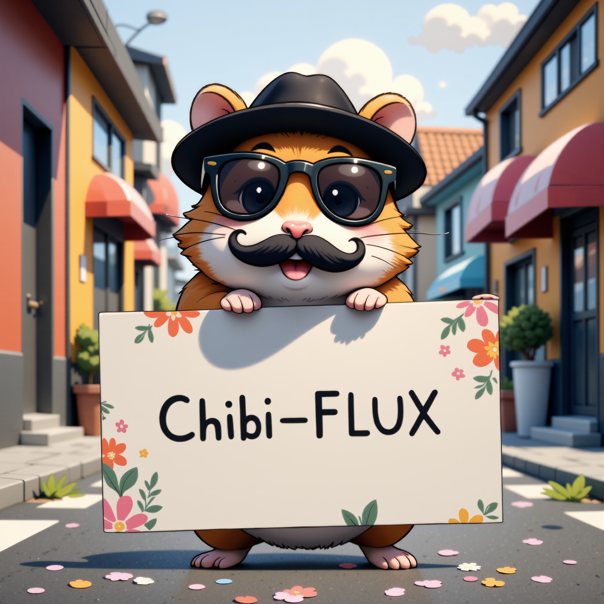 a cute hamster with a funny black bear and moustache weaing black cool sunglasses with a black hat on his head,  holding w...