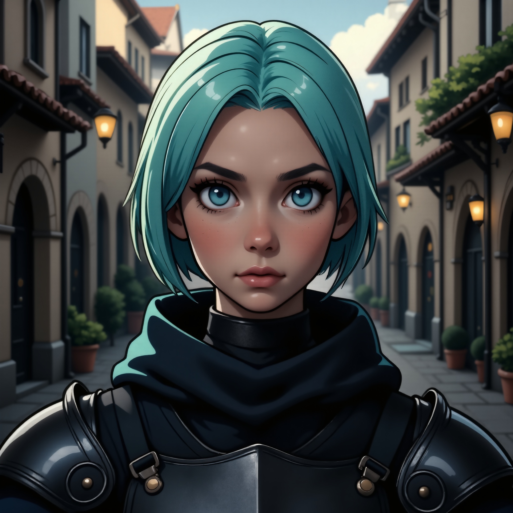 centered, upper body, upper body portrait, (detailed face), | solo, knight woman, short hair, aqua hair color, light blue eyes, (black knight tight armor), symetrical and detailed armor, | fantasy town, medieval, european street, | bokeh, depht of field, | hyperealistic shadows, smooth detailed, blurred background, chibiflux_v101, symetrical eyes, realistic clothes, symetrical outfit,