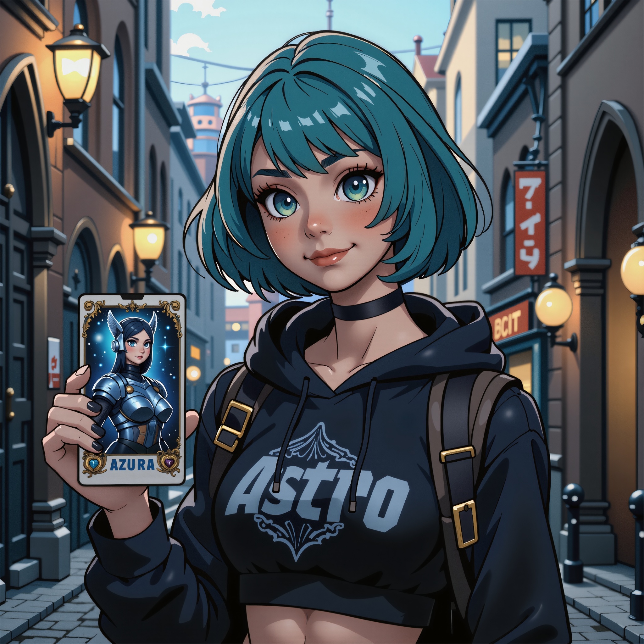 (card text "THE BLUE KNIGHT,  AZURA"),  | a ***** western asian woman with a happy mood on Tensor.Art