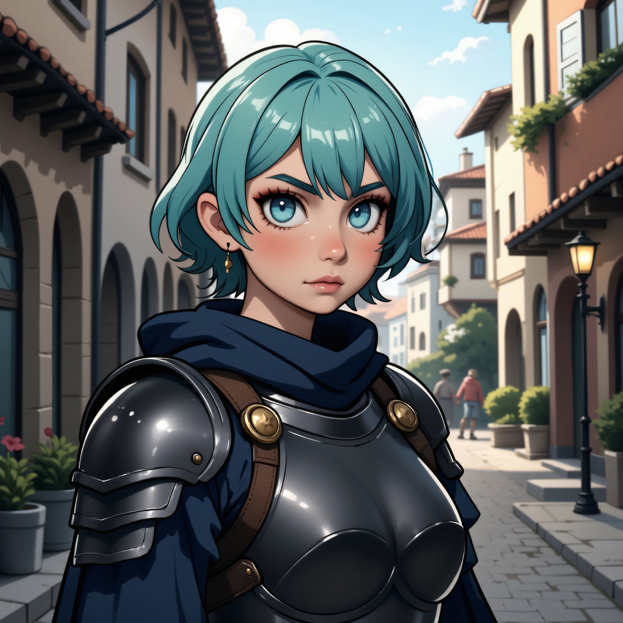 centered, upper body, upper body portrait, (detailed face), | solo, knight woman, short hair, aqua hair color, light blue eyes, (black knight tight armor), symetrical and detailed armor, | fantasy town, medieval, european street, | bokeh, depht of field, | hyperealistic shadows, smooth detailed, blurred background, chibiflux_v101, symetrical eyes, realistic clothes, symetrical outfit,