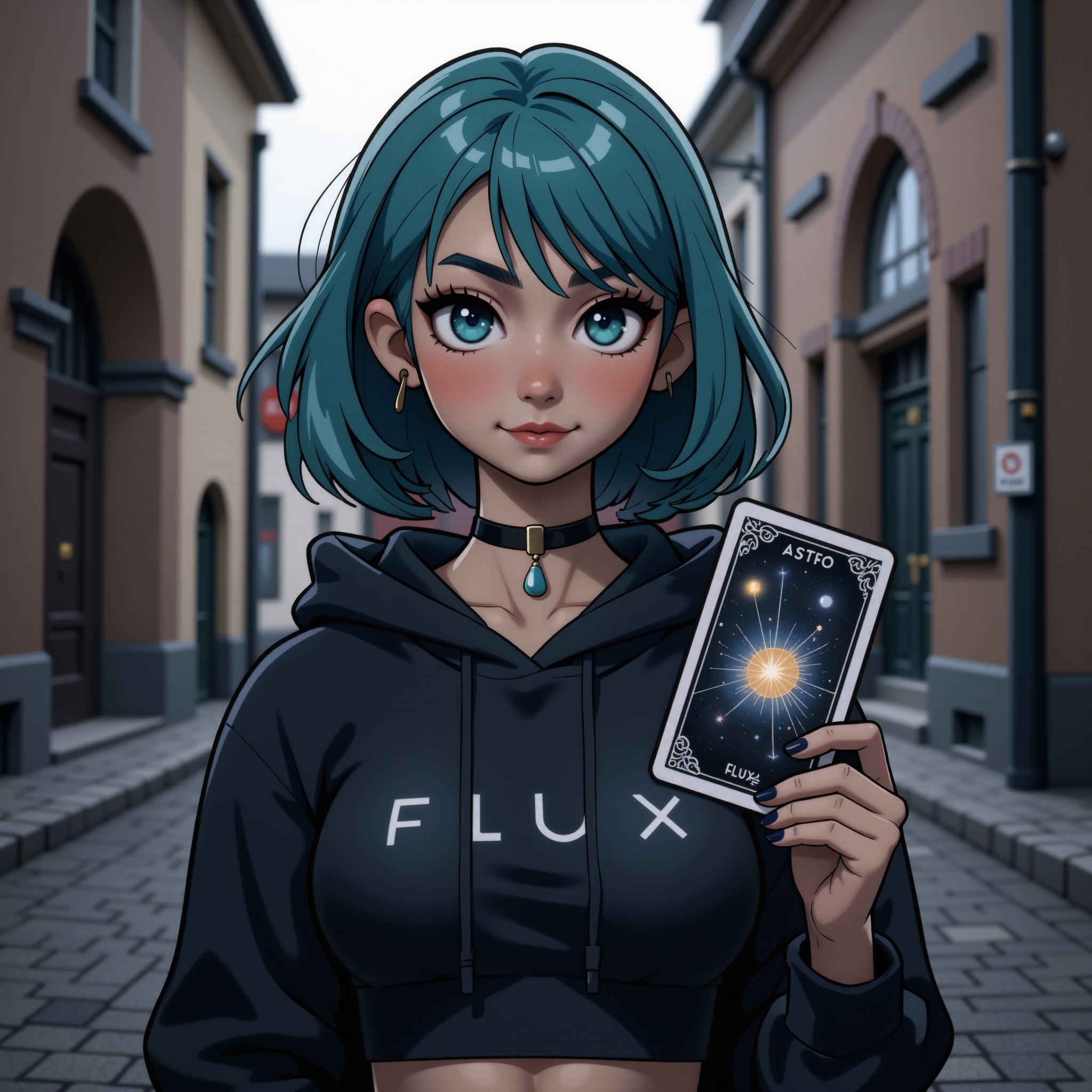 a ***** western asian woman with a happy mood, holding a big tarot card with the word "astro" tiny on the top at the card and the word "FLUX" at the bottom center of the card, the card have an ilustration of a galaxy, on it, aqua hair color and ocean eyes color, she have medium short hair, side bangs, she is wearing a black crop top hoodie (with the word "FLUX" on the middle of the hoodie), black eyeliner, blue and black palette color outfit, black symetrical choker, black nails polish, realistic and coherent hair proportions, detailed choker, detailed face, standing in front a european ancient dark gothic church, city, urban, alley, bokeh, depth of field, |, chibiflux_v101, 