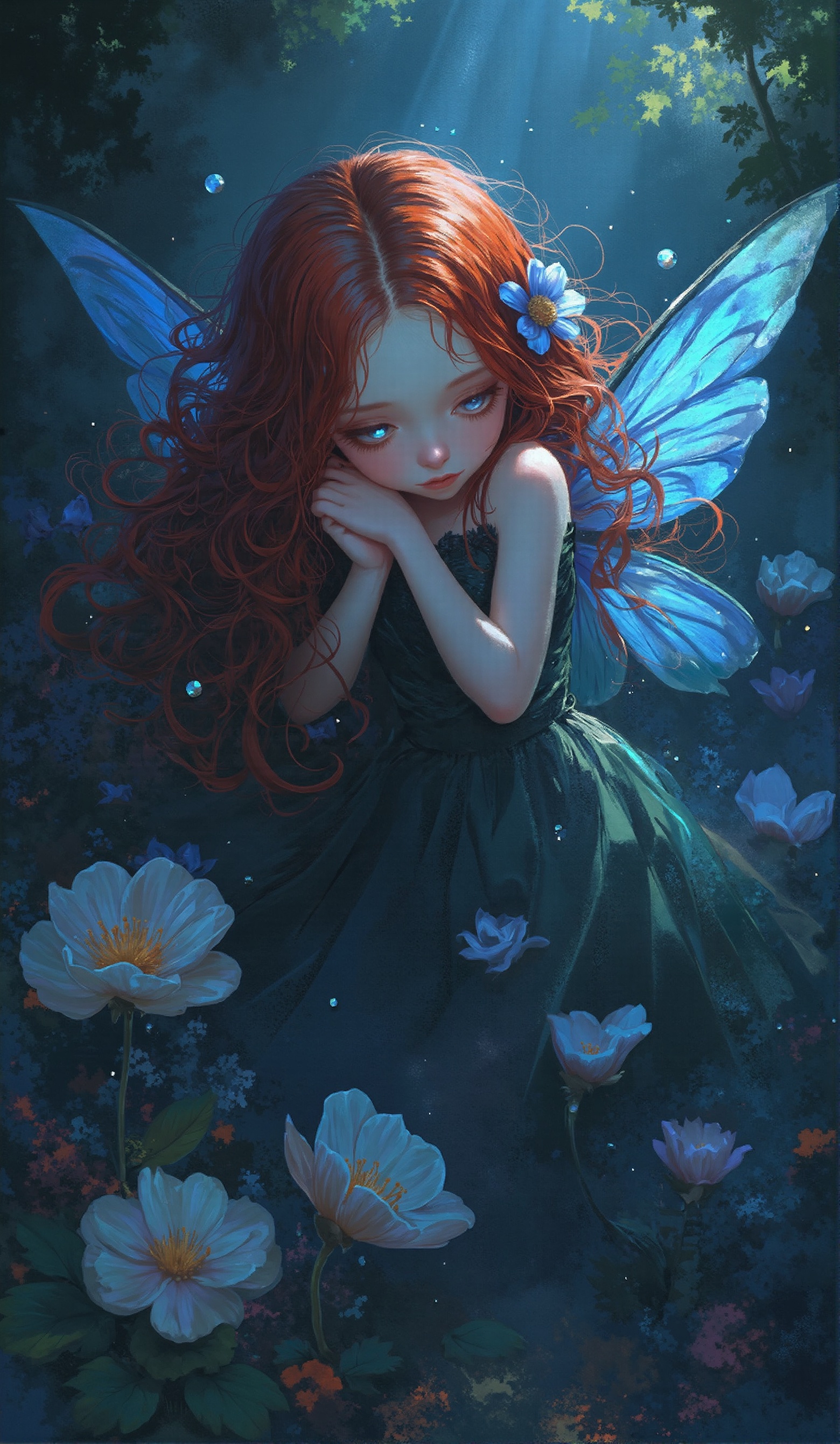 Young fairy Flowergirl dreaming pose covered by flowerrs mysterious aspect,  many details,  vintage on Tensor.Art