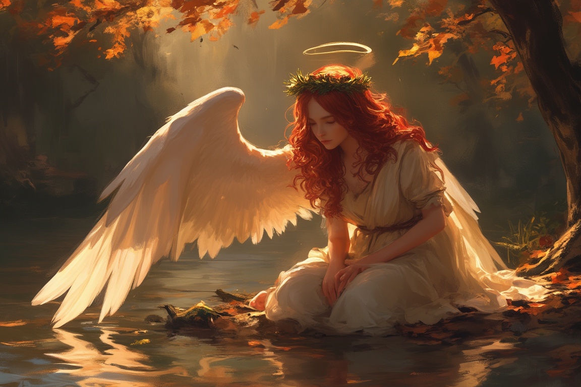 (hyper realism),  beautiful angel sit on the river bank in the autumn,  (water reflection) on Tensor.Art