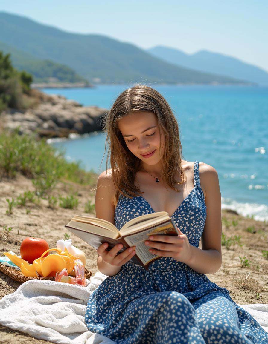 A wonderful life, a relaxed atmosphere,Aegean Sea,sunny,a woman in love,reading books <lora:Tangbohu_real_style_FLUX_type_A:0.7> blue dress