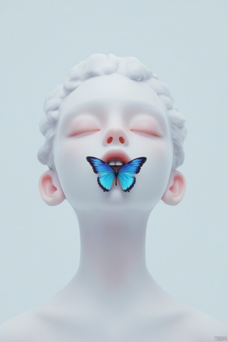 raw textured professional photography by Martin Deschambault and Alessio Albi, serene beautiful albino woman with a electric blue butterfly standing on her mouth, closed eyes, white background, photorealistic, 8k, natural lighting, HDR, high resolution, shot on IMAX Laser, intricate details, amazing skin details