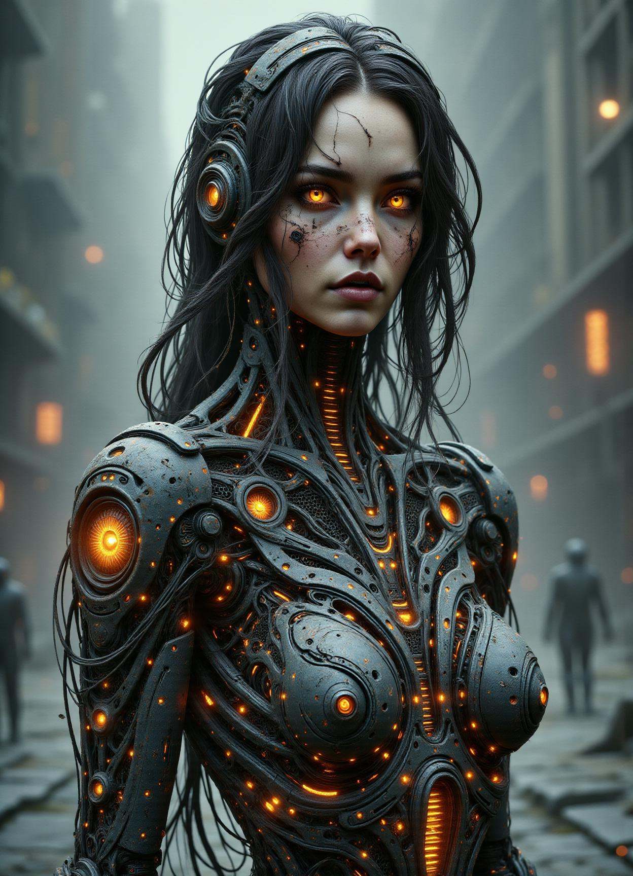 DonMN0Hum4nFX, no human, vines, sfw,  post-apocalyptic of android, human-like appearance, anthropomorphic design, synthetic skin and hair, futuristic and sleek aesthetics, elegance and sophistication in design, enhanced with advanced technology, sci-fi , cybercrime investigator