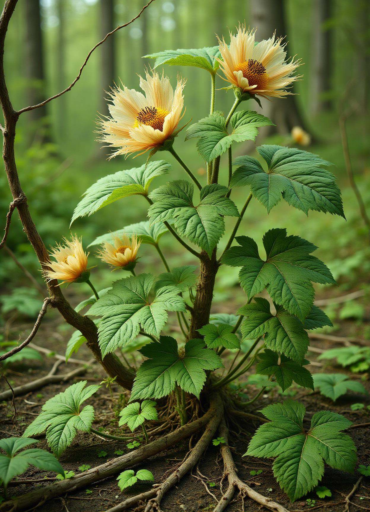 DonMN0Hum4nFX, no human, vines, sfw,  medium-sized gamboge vining wavy-edged plant,   pale bracteole raceme flower, ligulate, sienna sorosis fruit, webbed,  shallow root