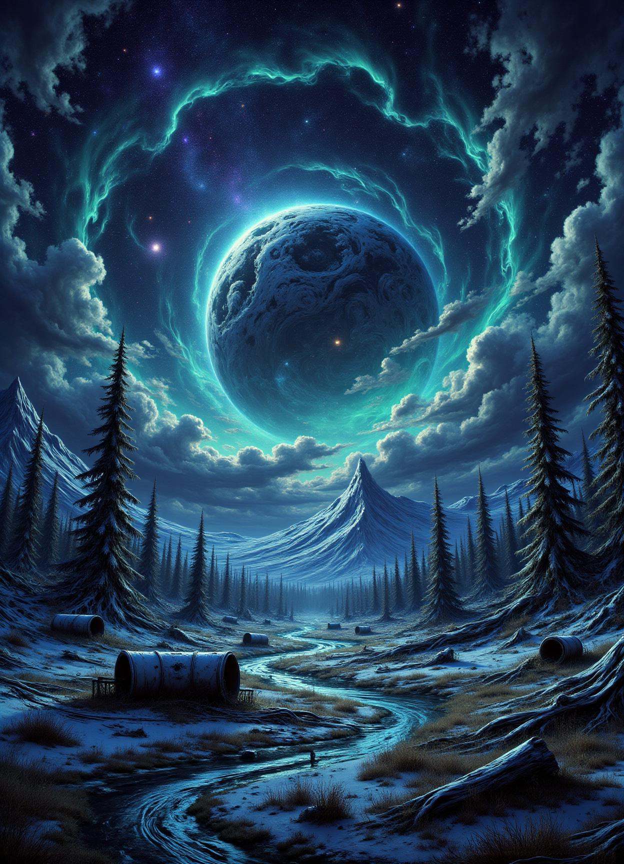 DonMN0Hum4nFX, no human, vines, sfw,  celestial background radiation, interplanetary, astronomer, aurora