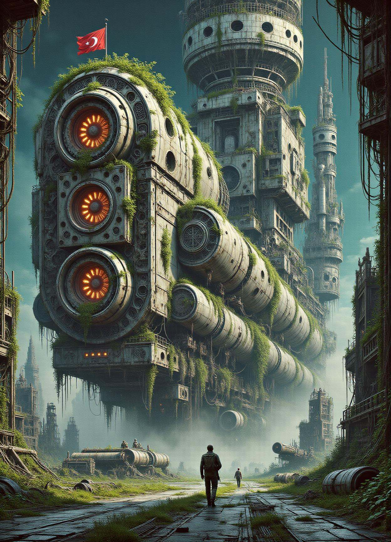 DonMN0Hum4nFX, no human, vines, sfw,  scifi medium cylindrical mothership, ion thrusters, ceramic tiles,  national flags viewports telescopic antennas optical telescopes