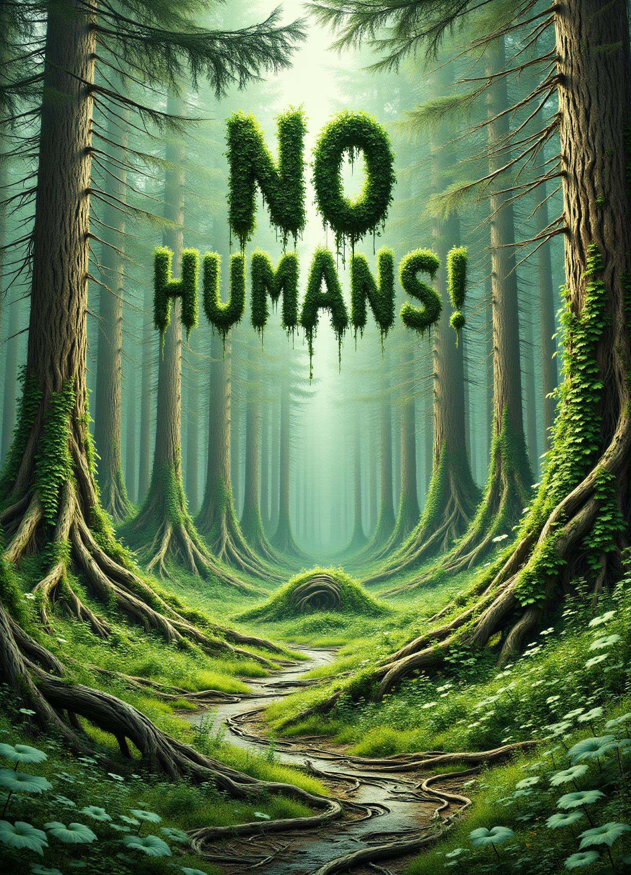 DonMN0Hum4nFX, no human, vines, sfw, text made of vines "NO HUMANS!", wilderness, wild, forest, ancient, elfish