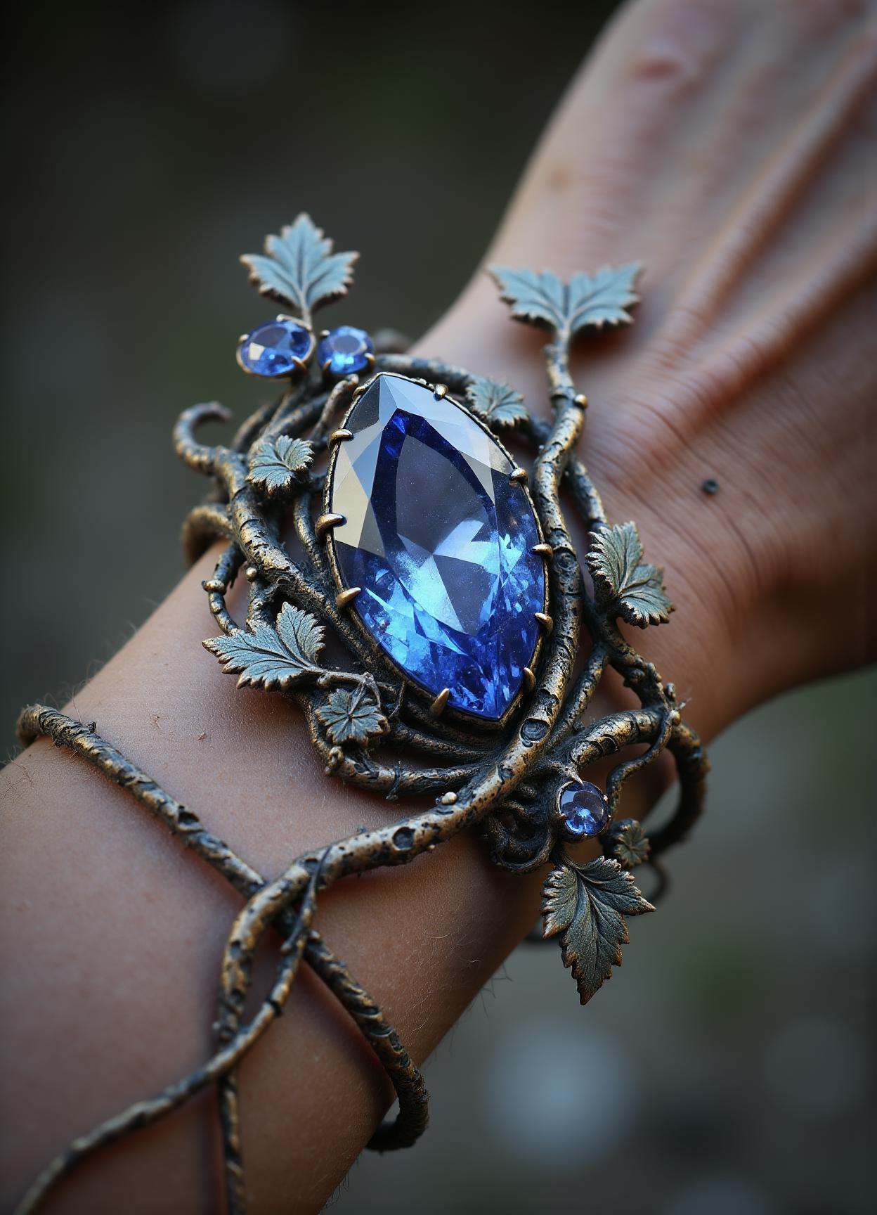 DonMN0Hum4nFX, no human, vines, sfw,  bangle, dazzling slightly included (si2) sapphire, marquise cut, facet arrangement, 1.25 carat, iridescent,    glimmery, silicone, inflexible, endurance, gemstone treatment, hammered setting, conflict-free, hard to find, handcrafted, industrial, healing and wellness