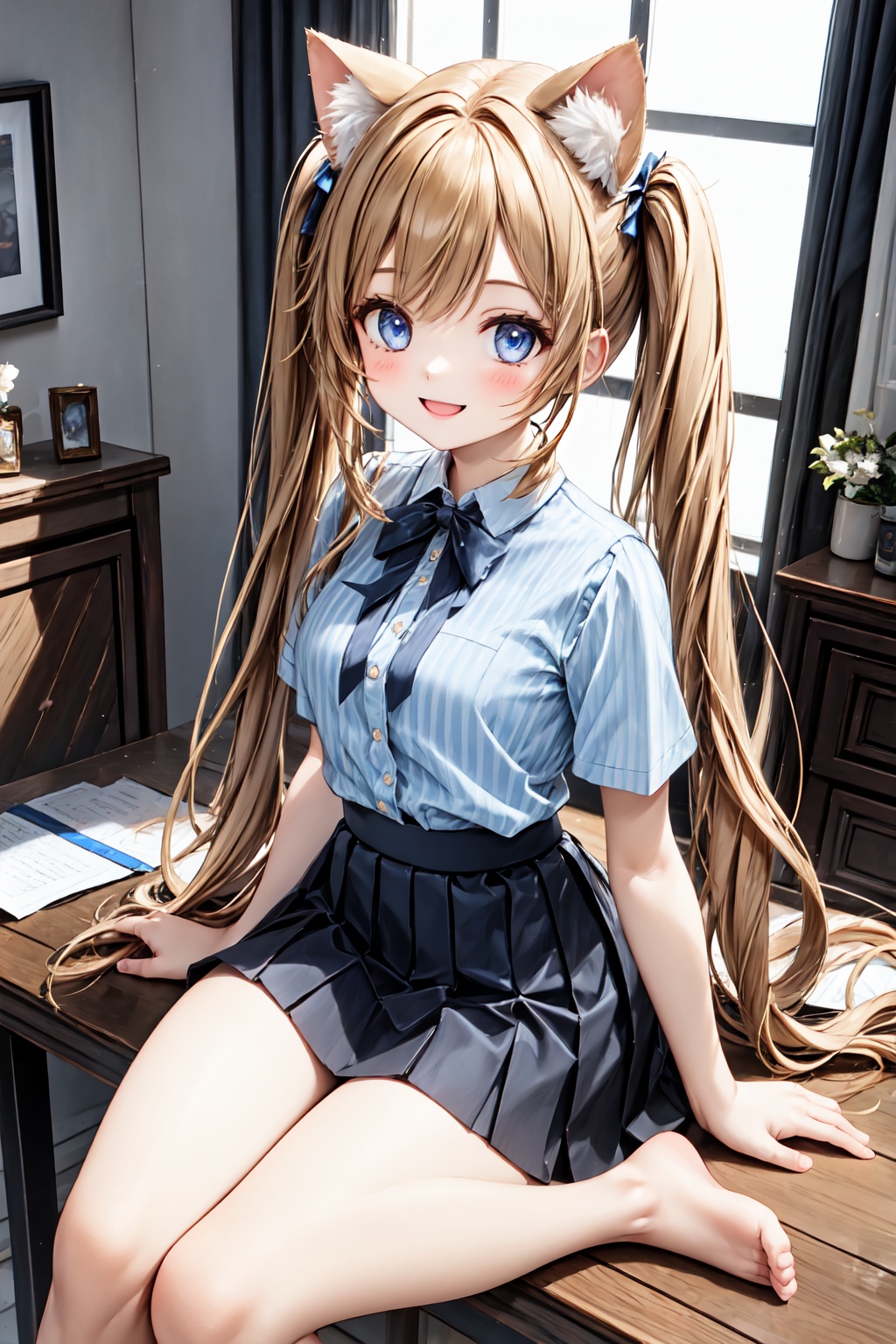 1girl,  cute cat girl,  room in background. she wears a light blue outfit (shirt on Tensor.Art