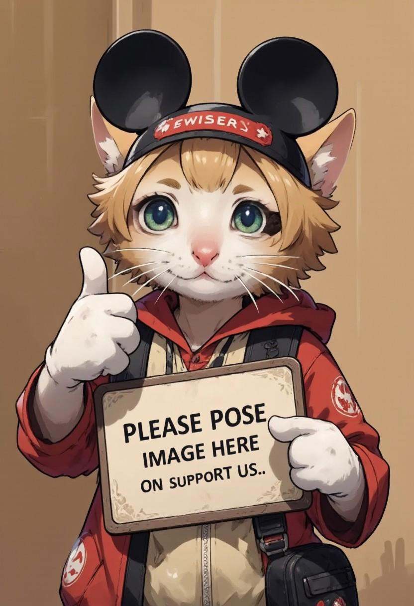 realistic photo of crying cat wearing Mickey Mouse headband,  thumbs up,  with one hand he holding a sign with word "Pleas...