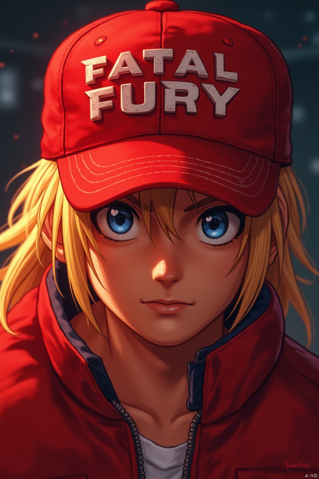 young, terry bogard, wearing a red duckbill hat, with the words "fatal fury" printed on the front of the hat,头发扎起