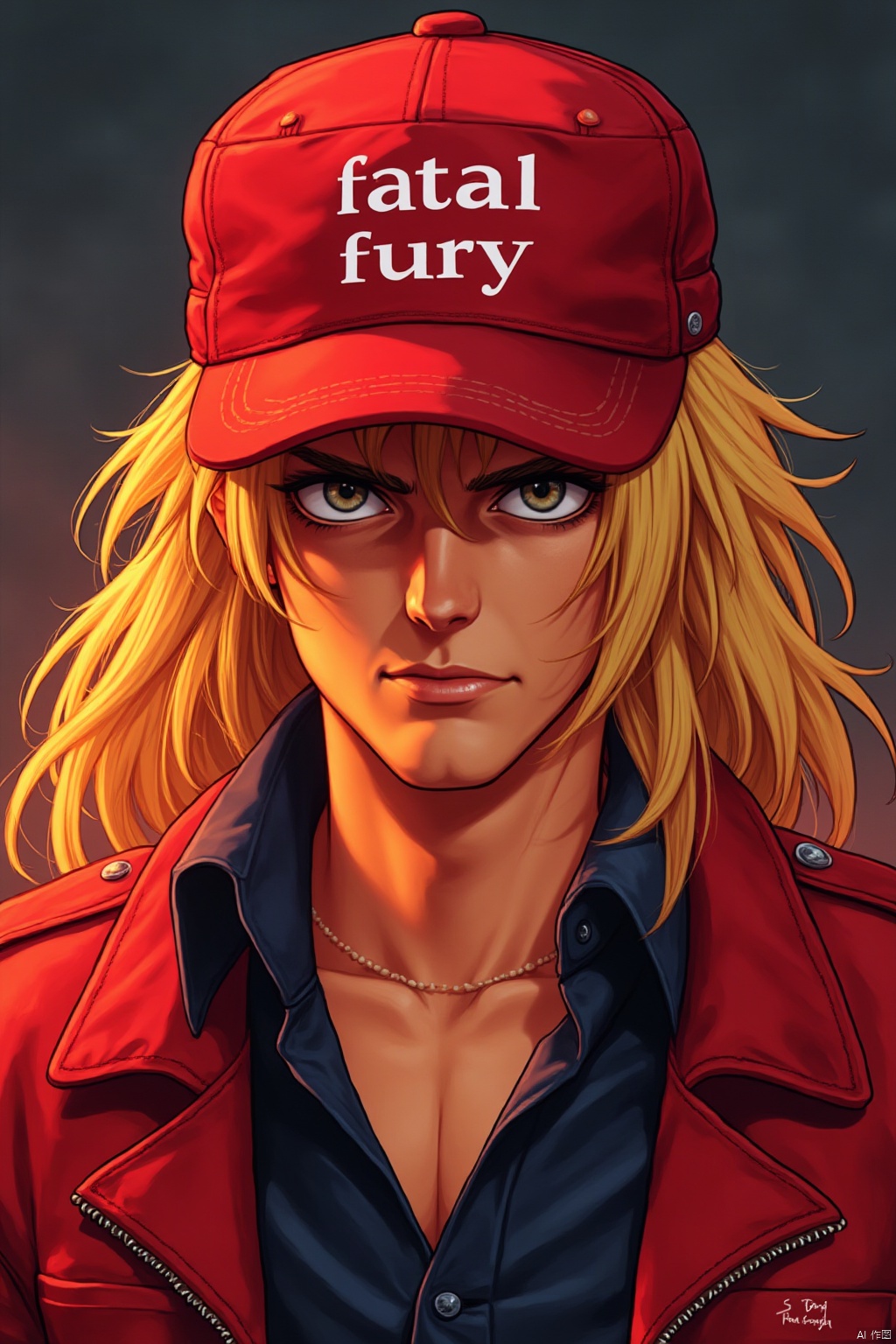 young man, terry bogard, wearing a red duckbill hat, with the words "fatal fury" printed on the front of the hat,头发扎起