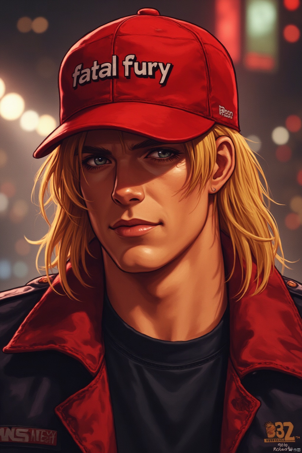 22years old, terry bogard, wearing a red duckbill hat, with the words "fatal fury" printed on the front of the hat,