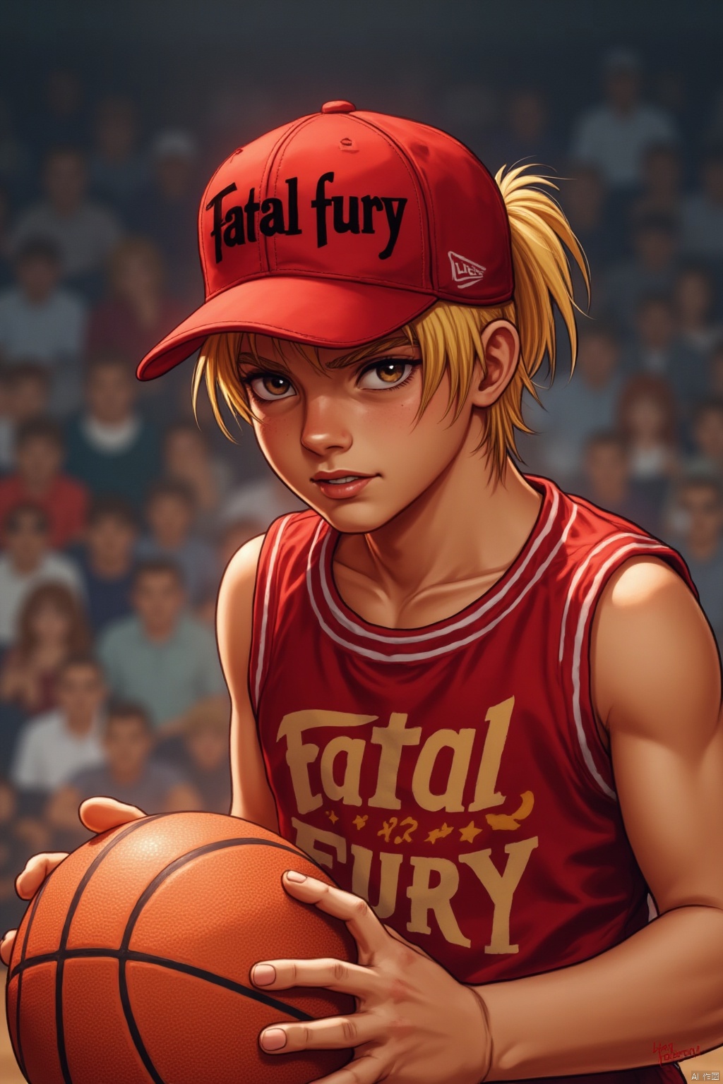 young, terry bogard, wearing a red duckbill hat, with the words "fatal fury" printed on the front of the hat, hair tied up, playing basketball