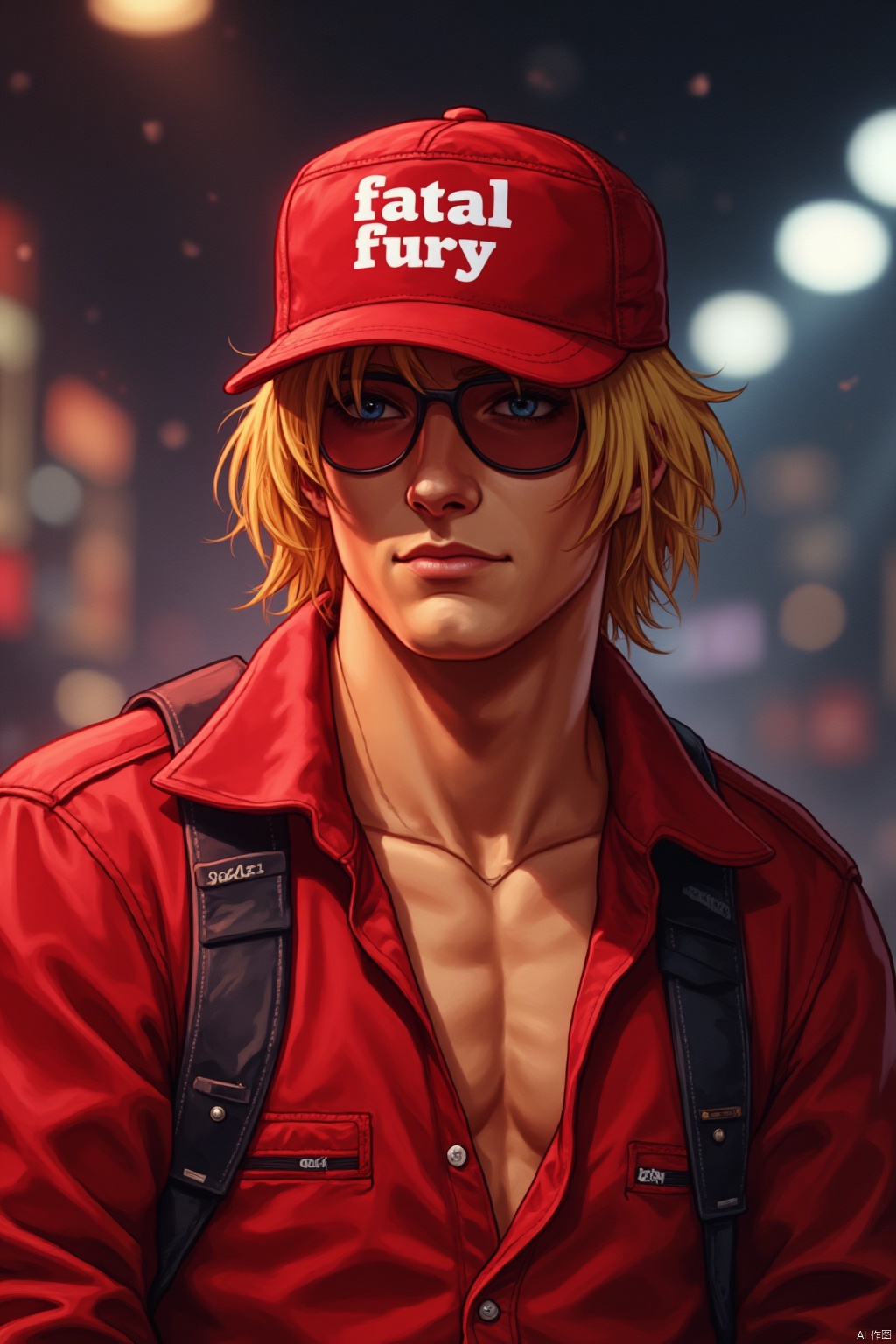 young man, terry bogard, wearing a red duckbill hat, with the words "fatal fury" printed on the front of the hat