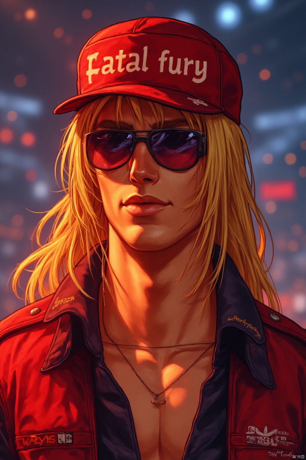 22years old, terry bogard, wearing a red duckbill hat, with the words "fatal fury" printed on the front of the hat,profile