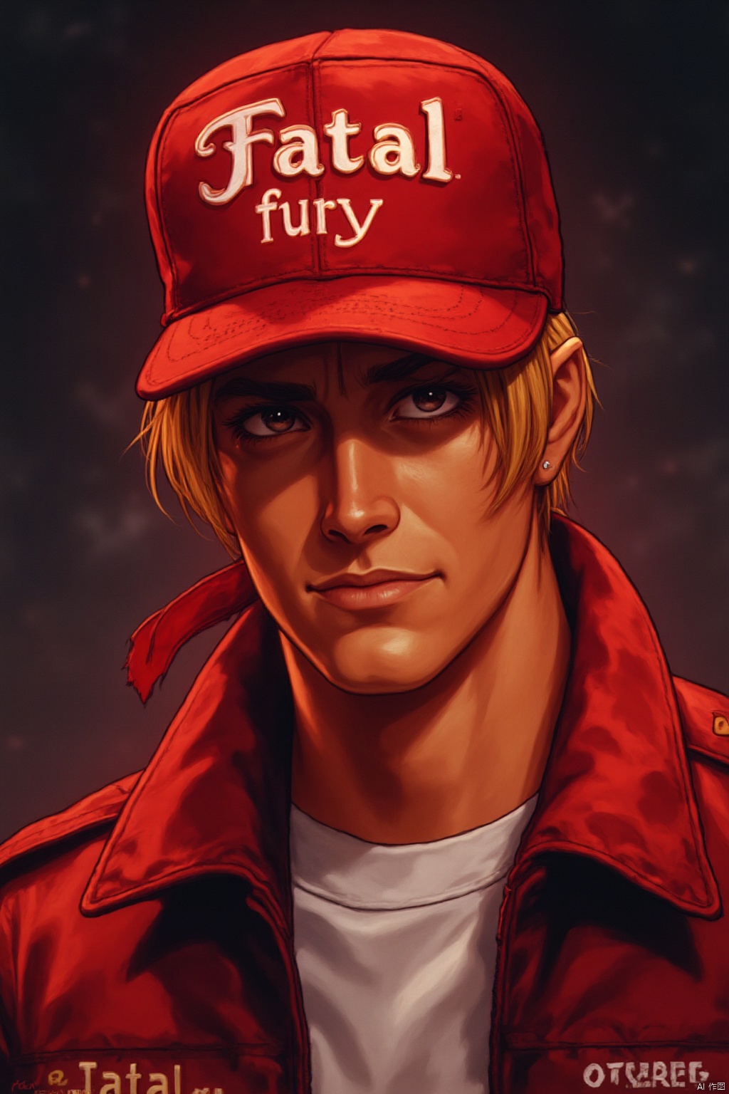 22years old, terry bogard, wearing a red duckbill hat, with the words "fatal fury" printed on the front of the hat,