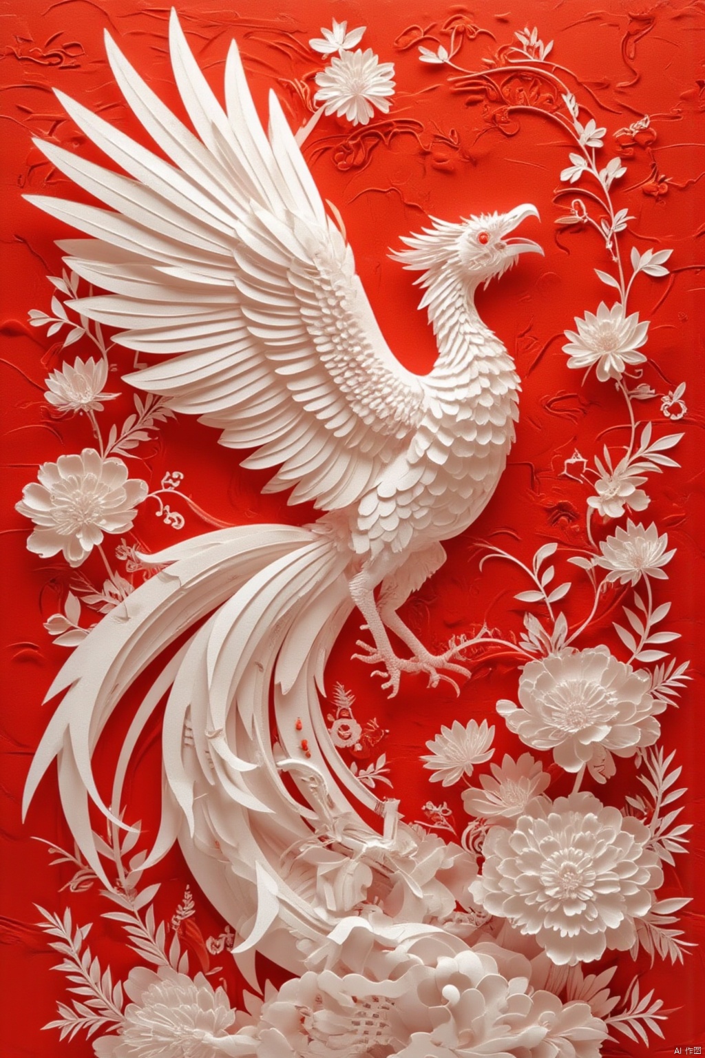 flower, no humans, bird, animal, white flower, red background, flying, animal focus, red theme,wings