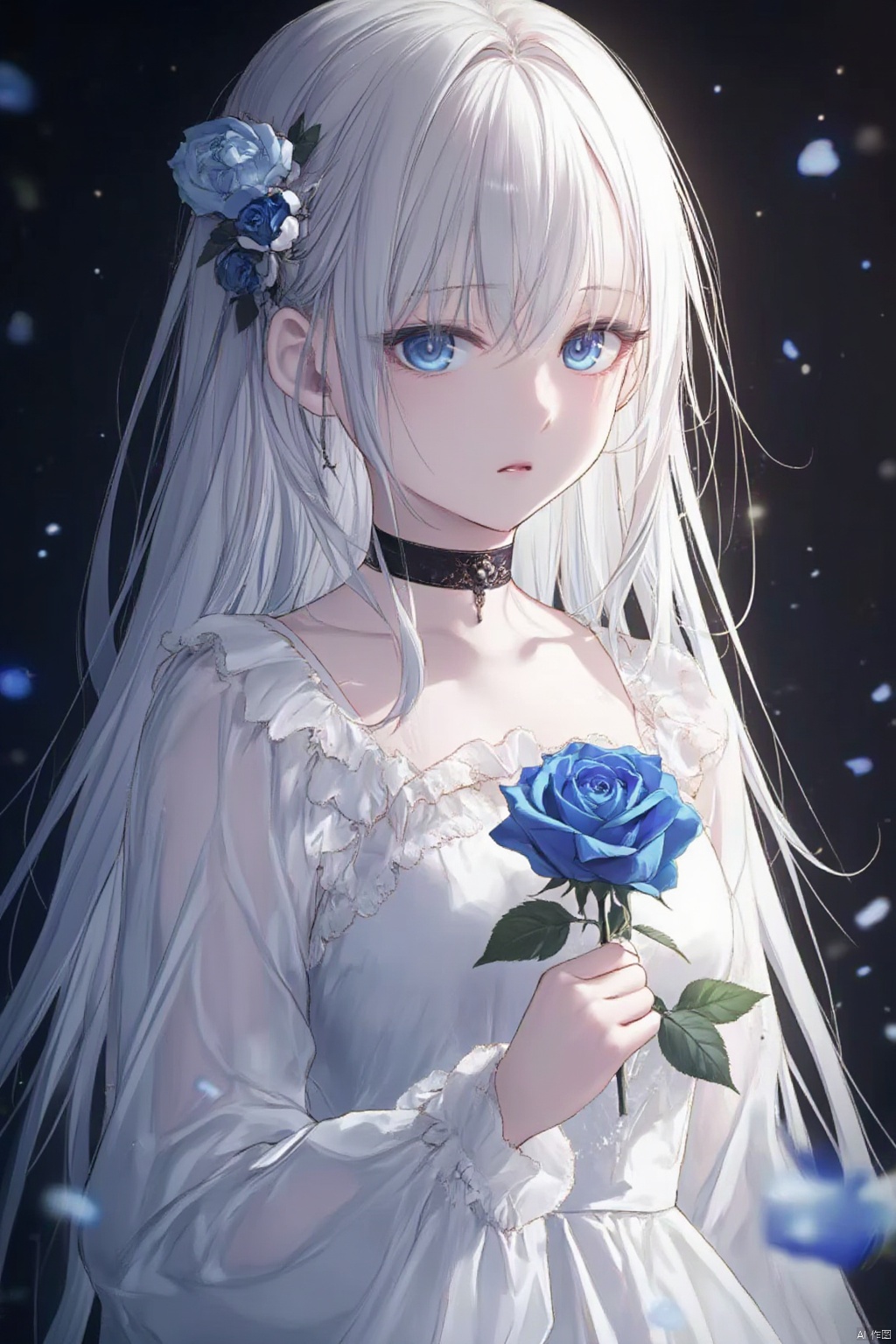 1girl, The image is an illustration of a young girl with long white hair and blue eyes. She is wearing a white dress with ruffles on the shoulders and a choker necklace. The girl is holding a blue rose in her hand and is looking off to the side with a serious expression on her face. The background is black with small white dots scattered throughout. The overall mood of the image is dark and mysterious.