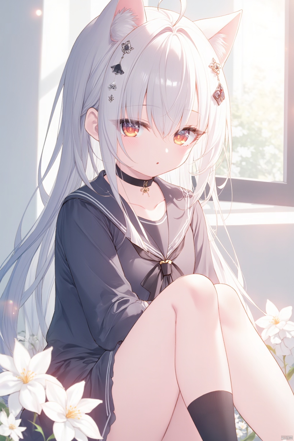 1girl, solo, looking at viewer, beautiful detailed  eyes, hair ornament, hair between eyes, sitting, school uniform, collarbone, full body, black choker, sunlight, white flower, cat girl, black socks, knees up,