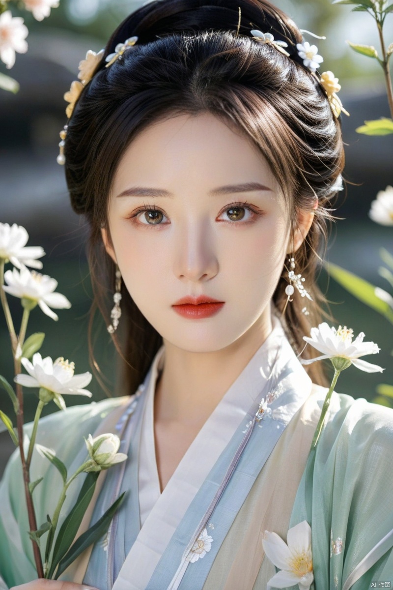 From the front, beautiful eyes,a girl in Hanfu with the moon and flowers in the background